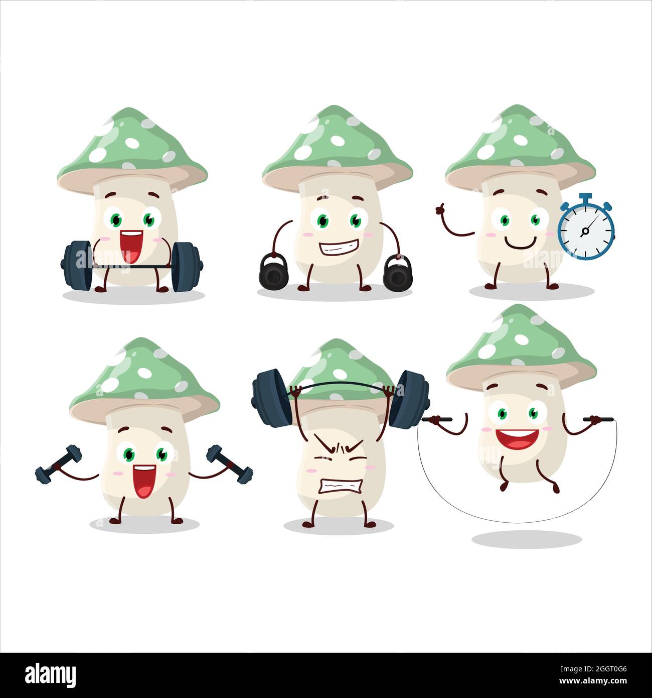 A healthy green amanita cartoon style trying some tools on Fitness center. Vector illustration Stock Vector