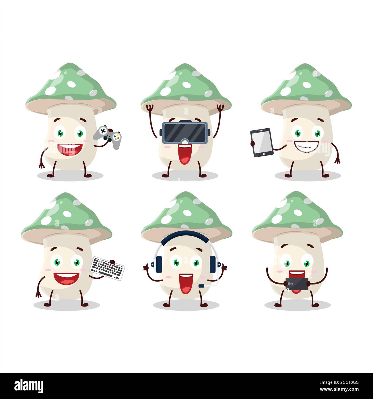 Green amanita cartoon character are playing games with various cute emoticons. Vector illustration Stock Vector