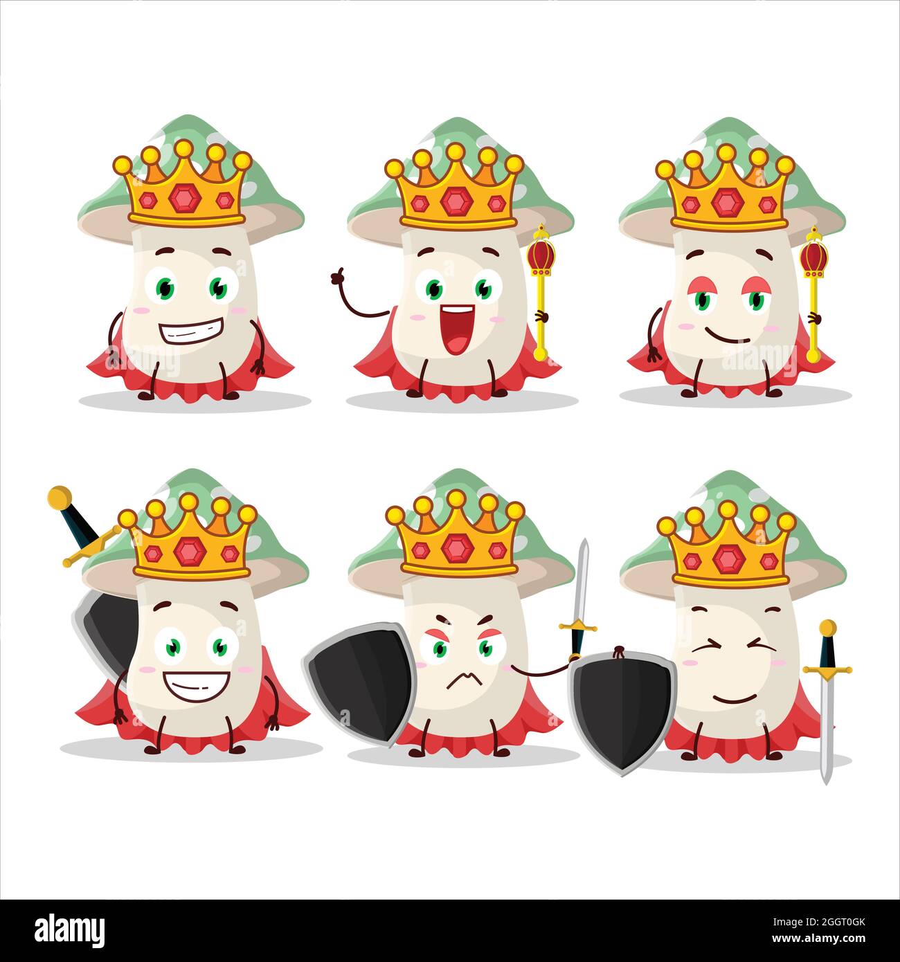 A Charismatic King green amanita cartoon character wearing a gold crown. Vector illustration Stock Vector