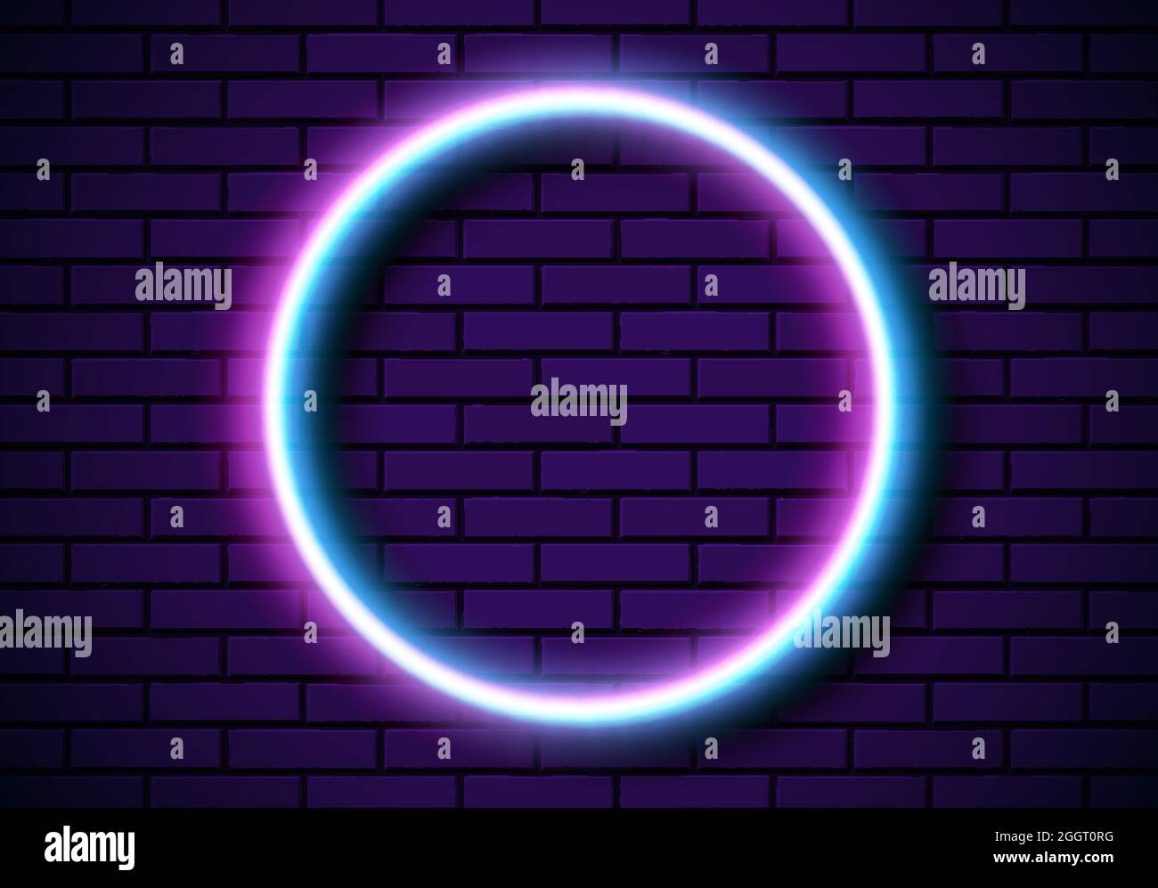Neon frame with circle shape on the blue brick wall. Classic round 80s ...