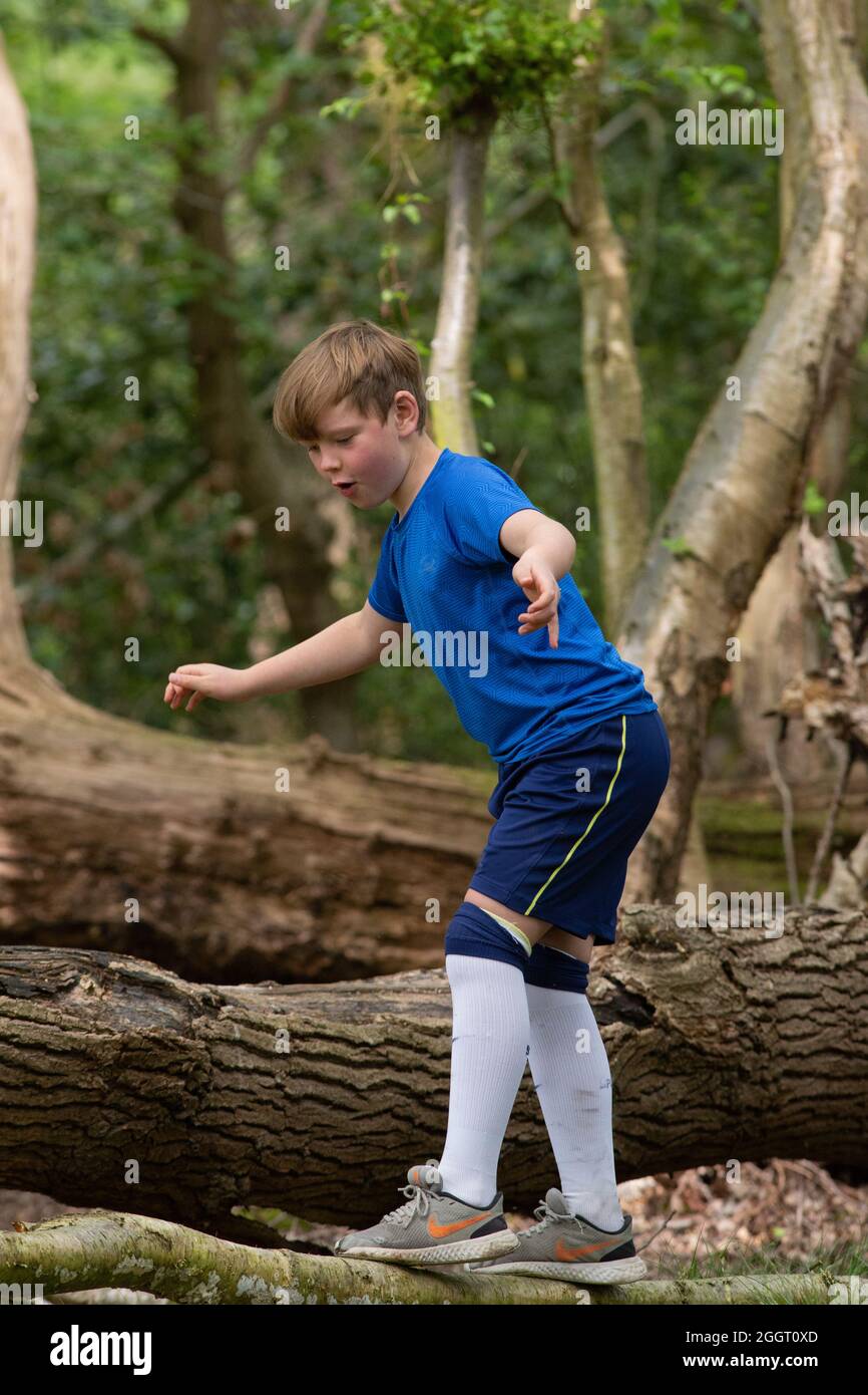 Young boy climbing, clambering, balancing on a fallen dead tree trunk in woodland. Finding and self confidence discovery. Rural activity and a challengi Stock Photo