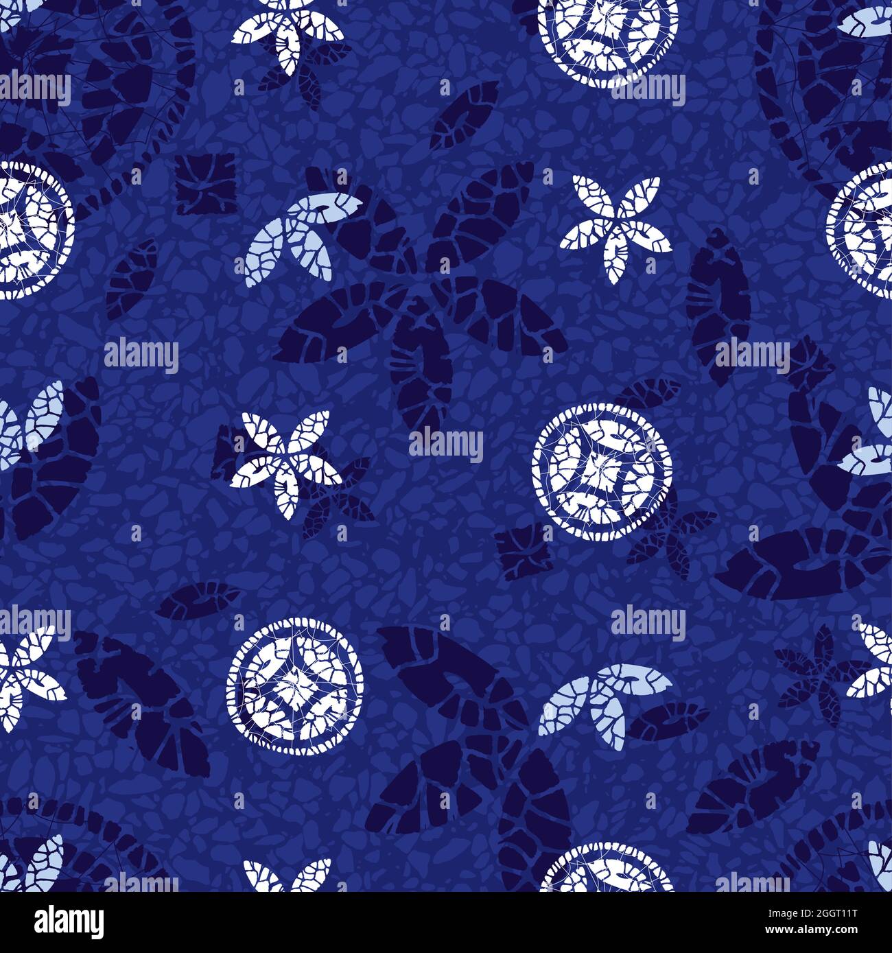 Vector blue shibori quilt abstract flower and round circle seamless pattern with terrazzo background 04. Suitable for textile, gift wrap and wallpaper Stock Vector