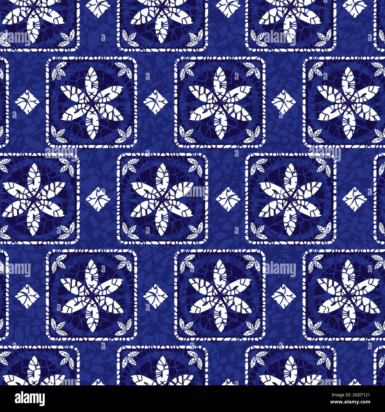 Vector blue shibori quilt squares tiles stacks seamless pattern with floral motif and terrazzo texture 06. Suitable for textile, gift wrap and Stock Vector