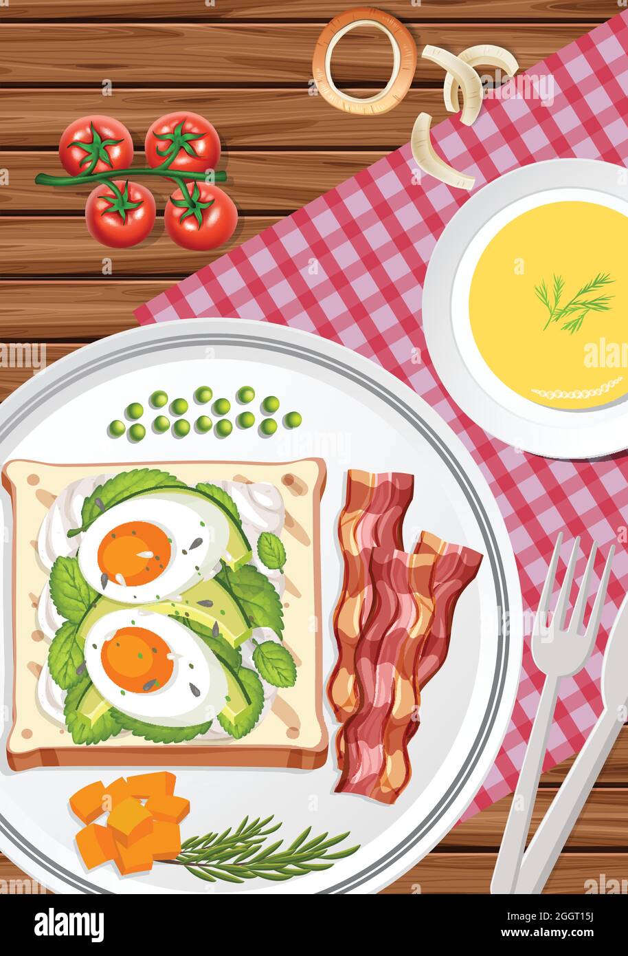 Top view of breakfast set in a dish with a cup of tea on the table ...