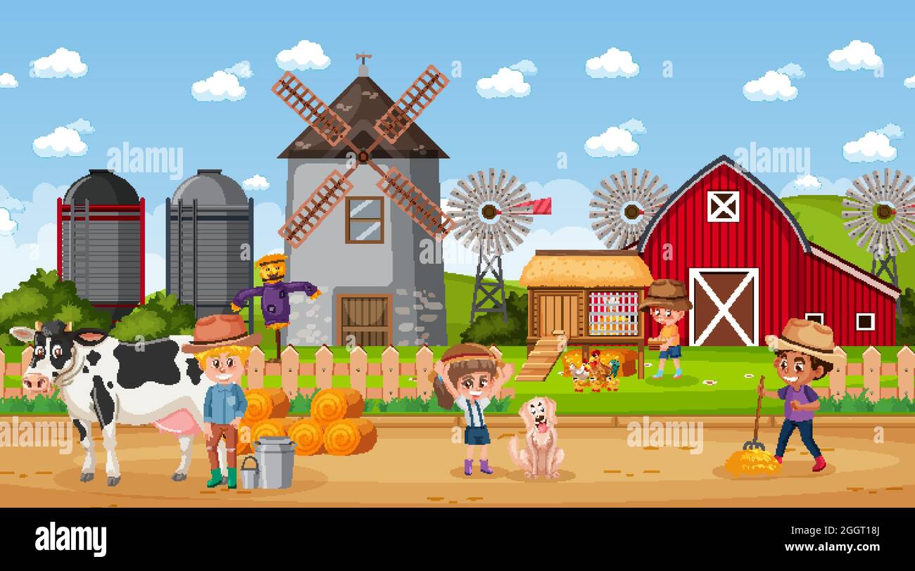 Farm scene with many kids and farm animals illustration Stock Vector ...
