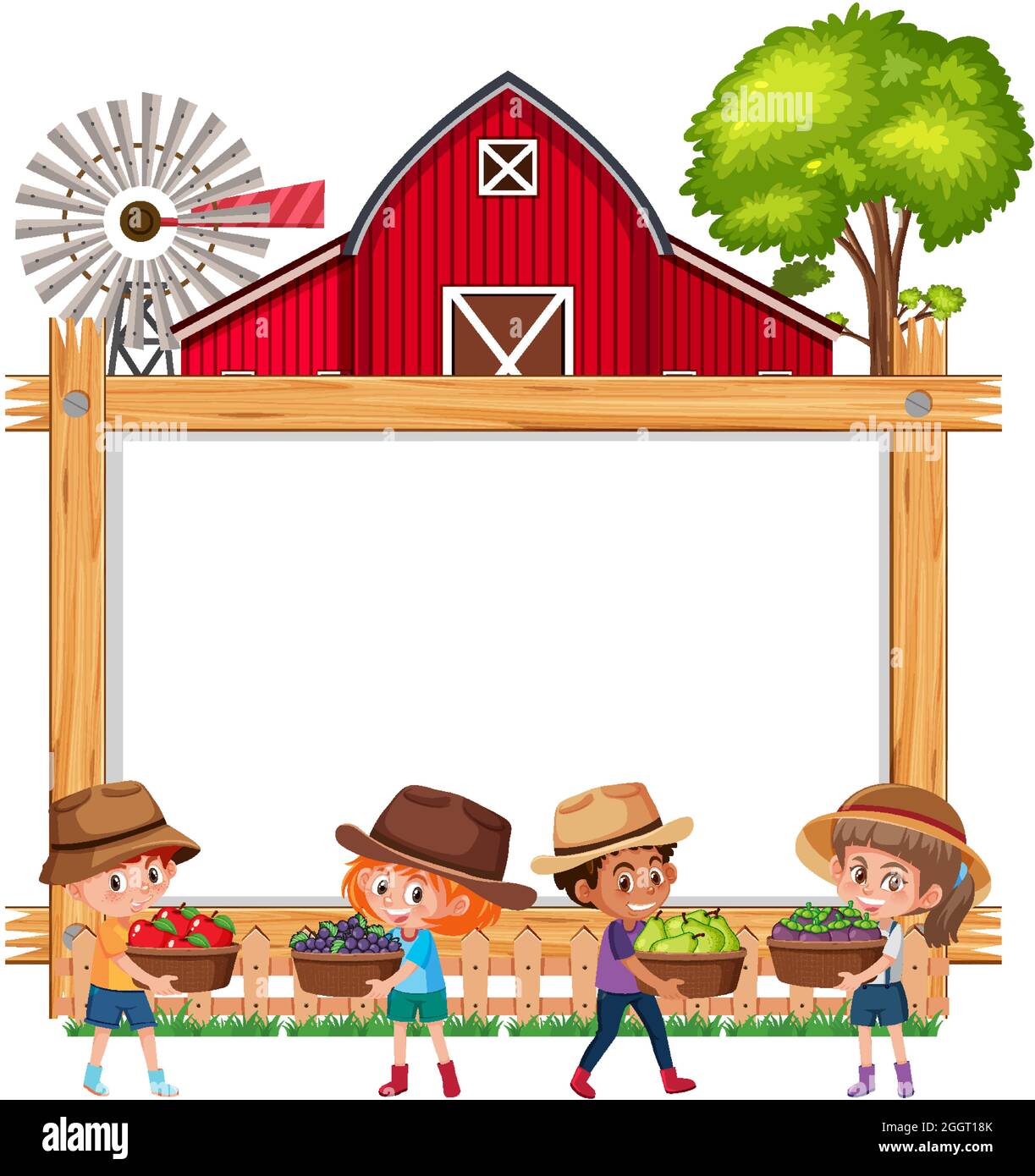 Empty wooden frame with children and red barn illustration Stock Vector ...