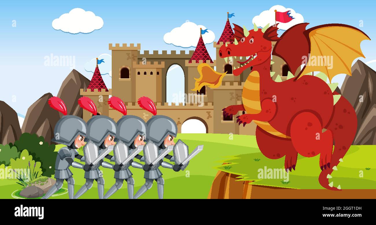 Knights fight with dragon at the castle illustration Stock Vector Image ...