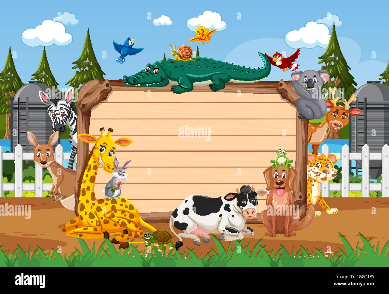 Empty wooden board with various wild animals in the forest illustration ...