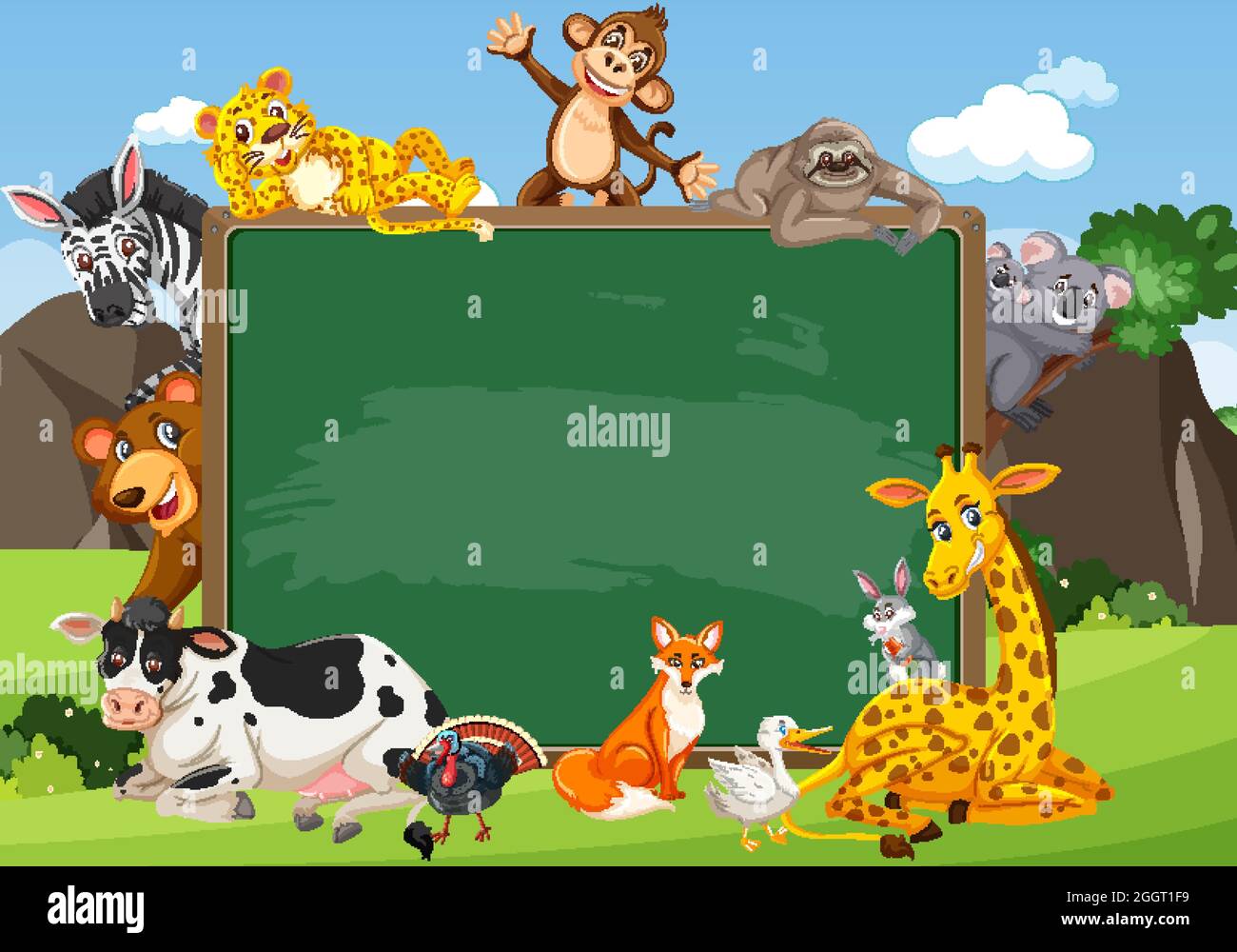 Empty blackboard with various wild animals in the forest illustration ...