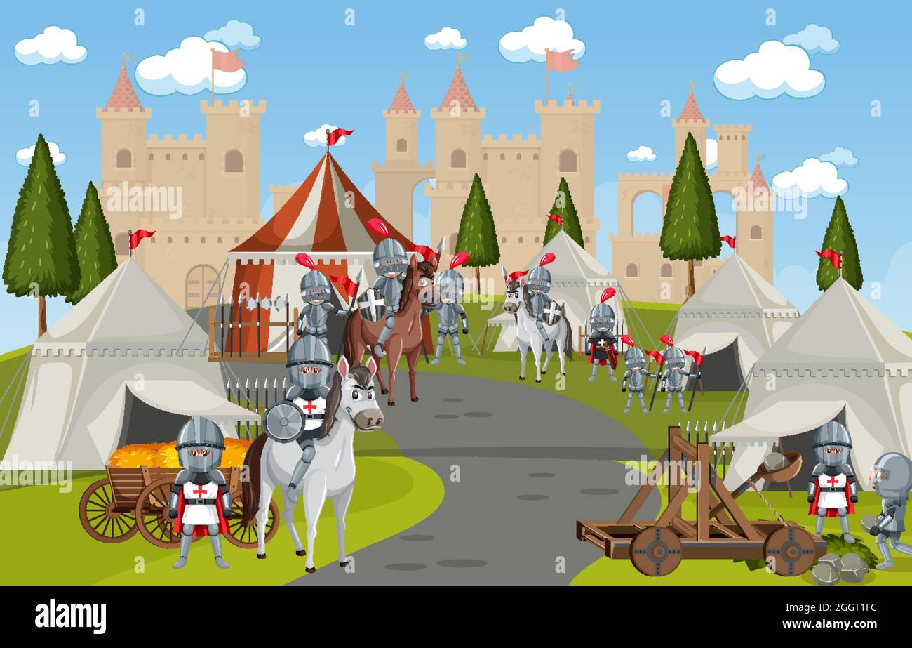 Military medieval camp with tents and castle illustration Stock Vector ...