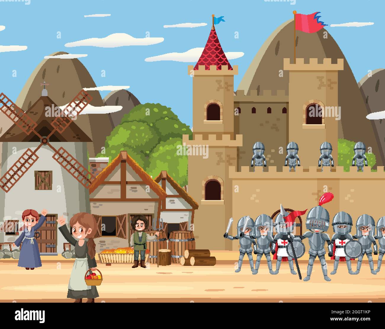 Medieval town scene with villagers illustration Stock Vector Image ...