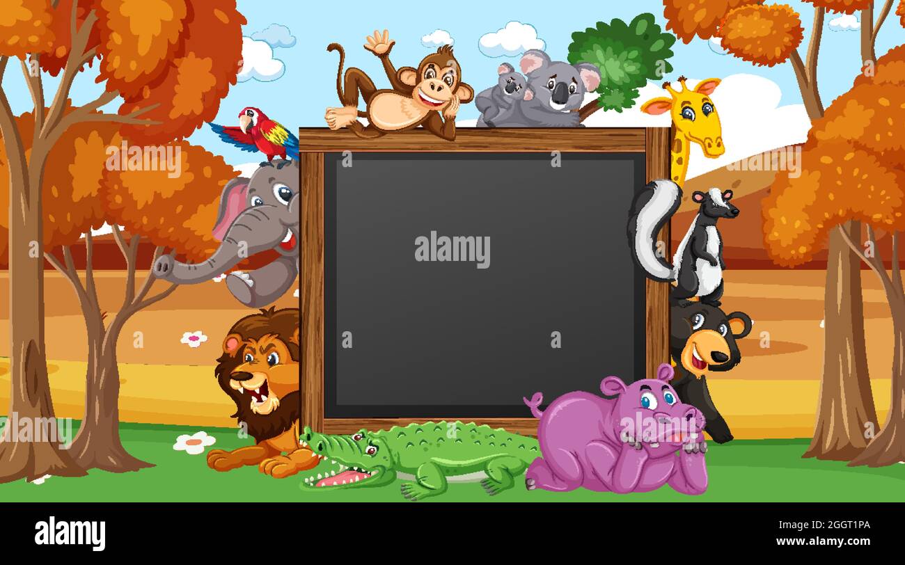 Empty blackboard with various wild animals in the forest illustration ...