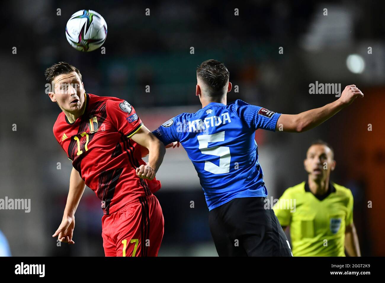 Tallinn, Estonia. 2nd Sep, 2021. Hans Vanaken (L) of Belgium competes with  Vladislav Kreida of Estonia during the FIFA World Cup Qatar 2022  qualification Group E football match in Tallinn, Estonia, Sept.