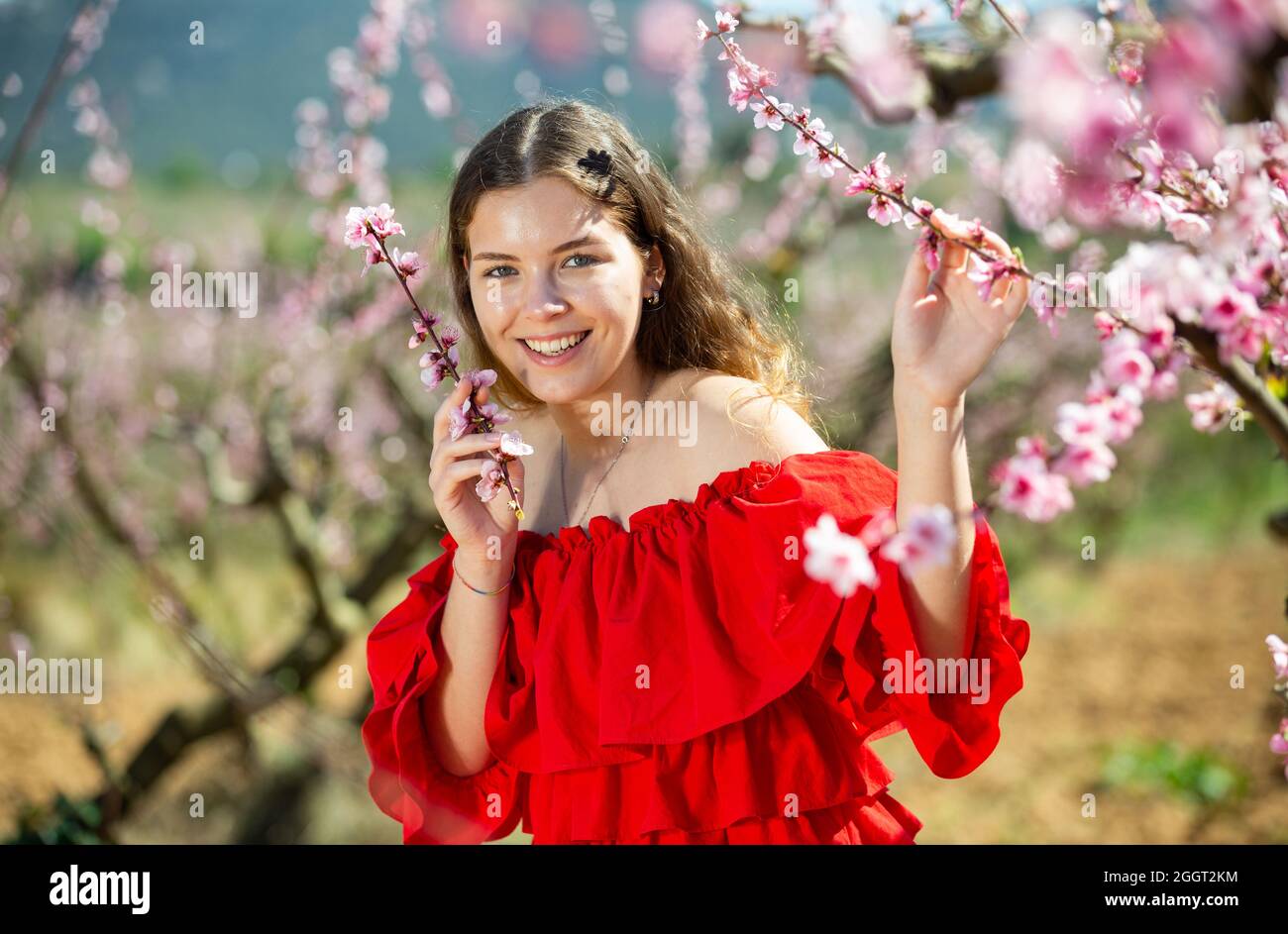 Woman in red dress standing near blooming peach tree Stock Photo