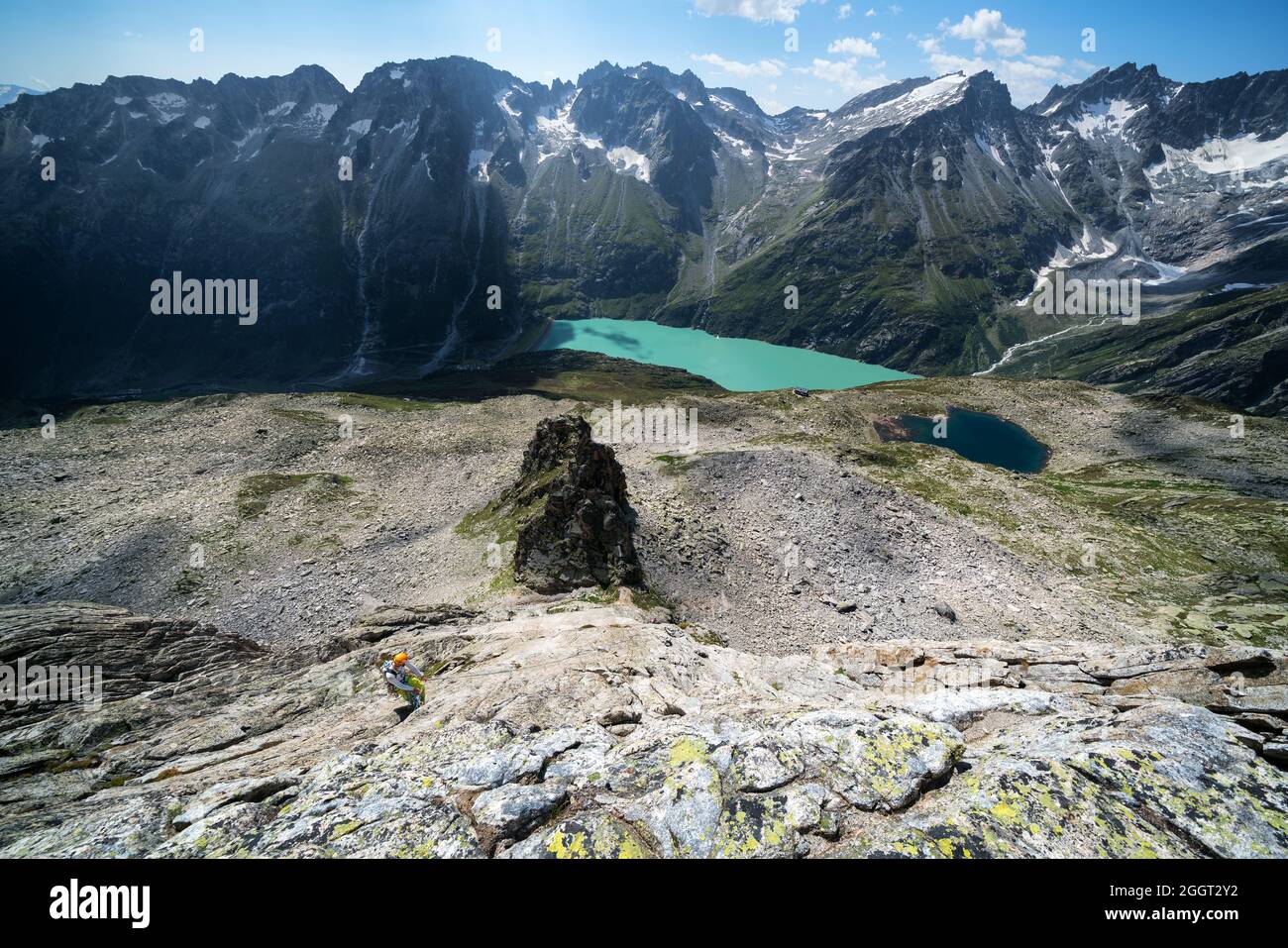 Multi-pitch rock climbing near Göscheneralp, Switzerland, Alps Stock Photo