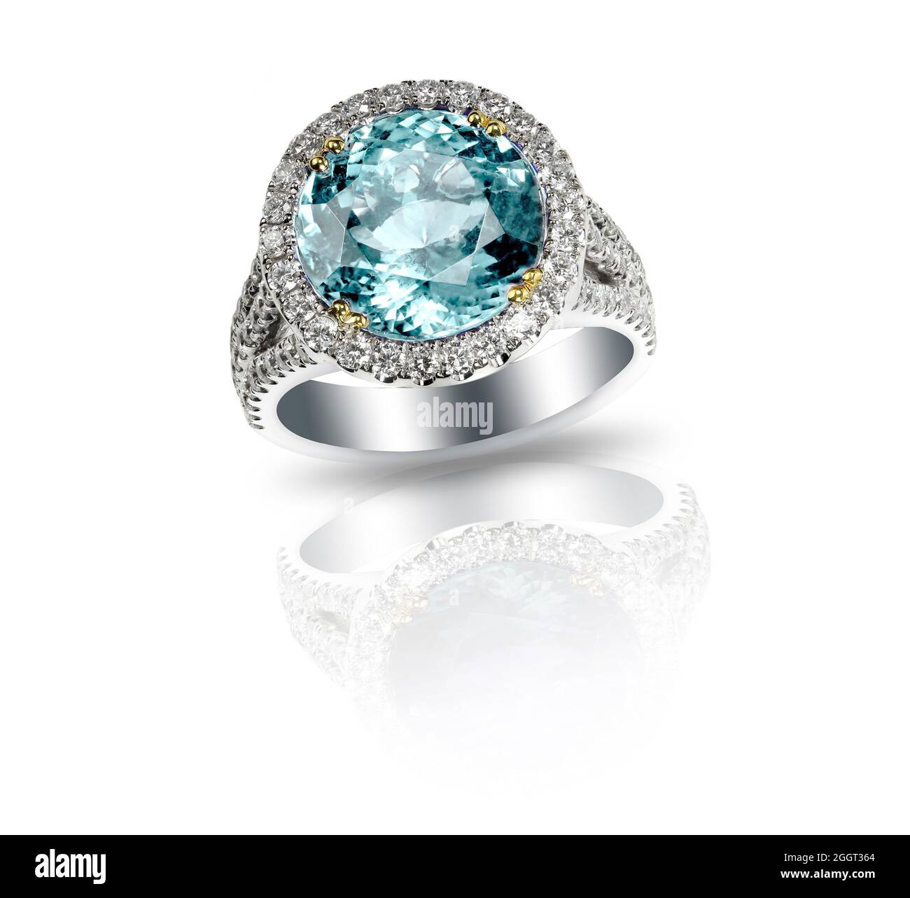 Beautiful Diamond Gemstone aquamarine blue teal turquoise Engagement Wedding Ring Fine Jewelry on a white background for fine jewelry display. Expensi Stock Photo
