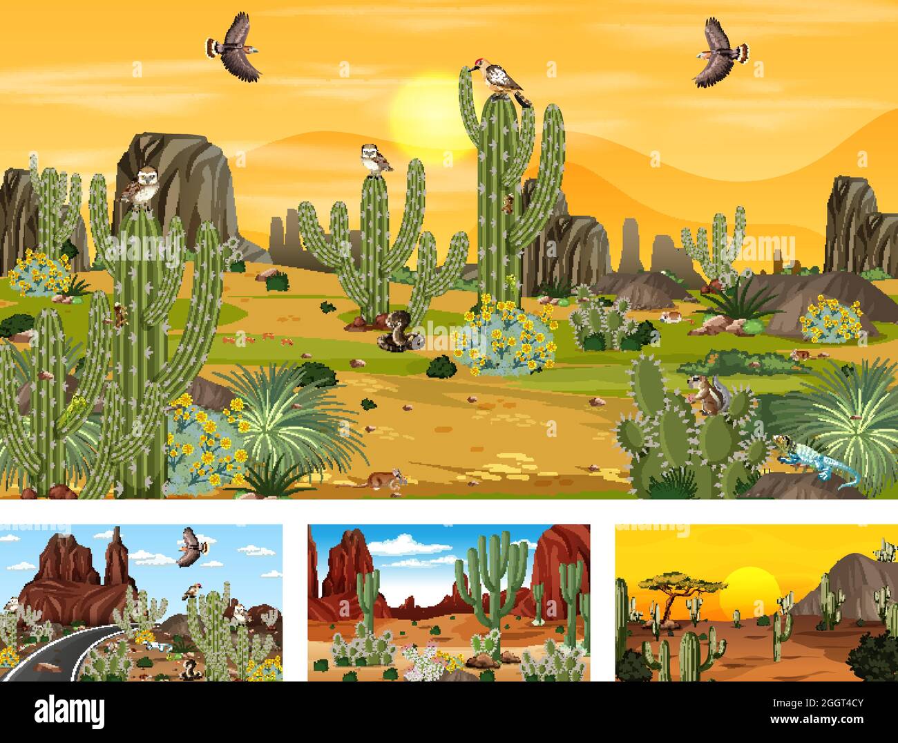 Different desert forest scenes with animals and plants illustration ...