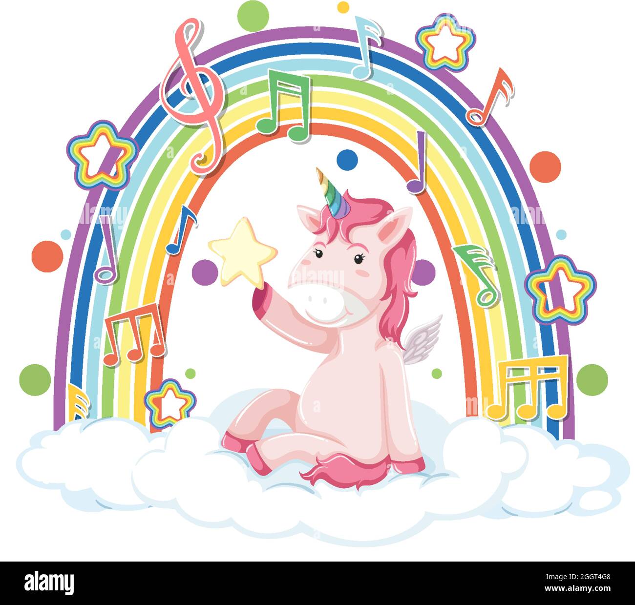 Unicorn sitting on cloud with rainbow and melody symbol illustration ...