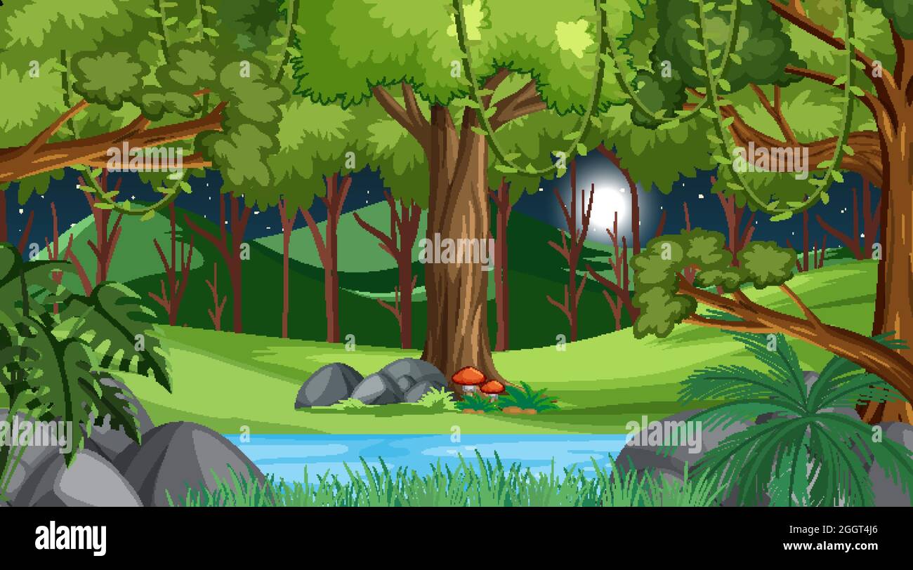 Nature forest at night scene with many trees illustration Stock Vector ...