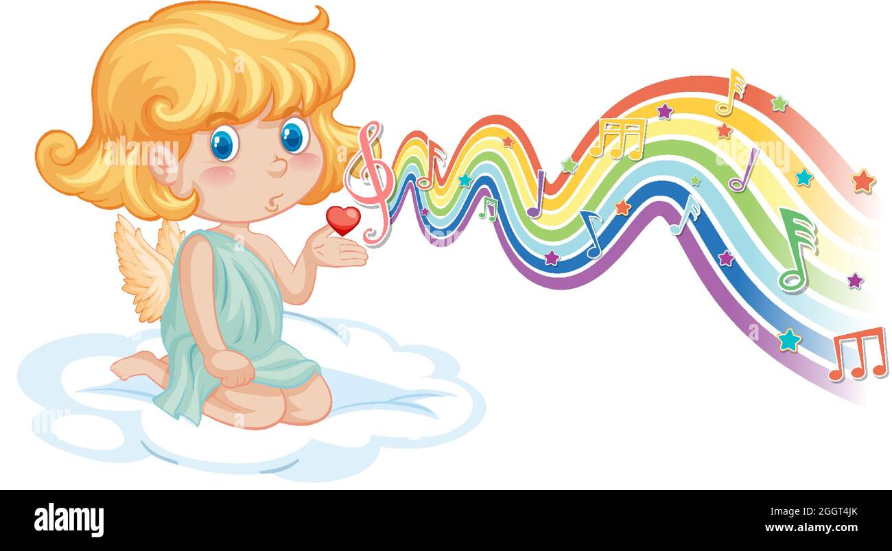 Cupid girl with melody symbols on rainbow wave illustration Stock ...