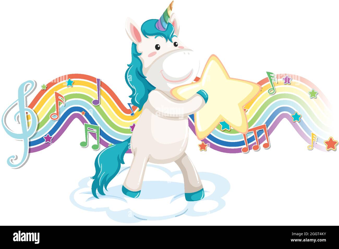 Unicorn standing on the cloud with melody symbols on rainbow wave ...