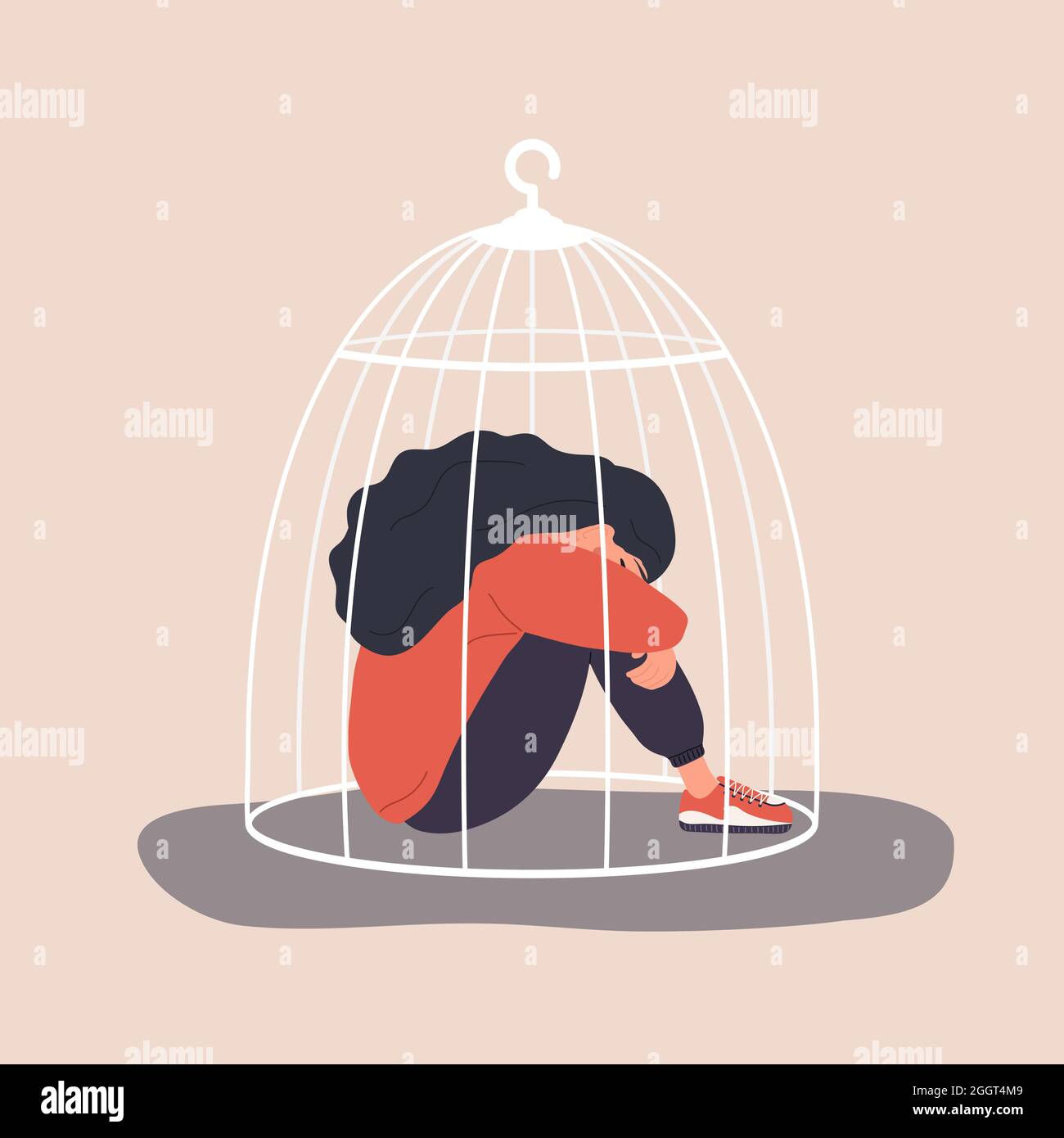 Woman locked in cage. Sad girl needs psychological help. Social isolation concept. Female empowerment movement. Violence in family. Vector Stock Vector