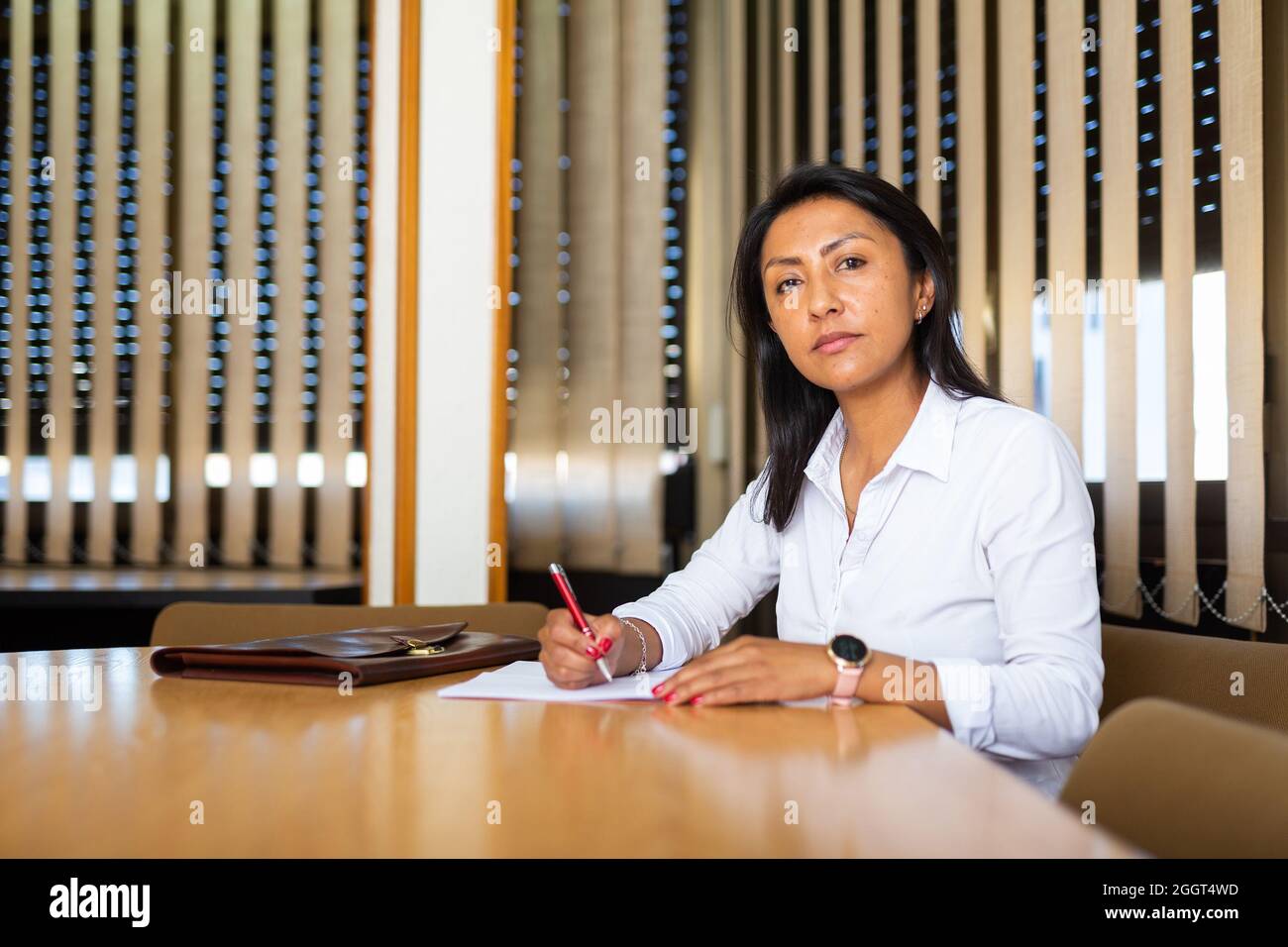 Satisfied businesswoman at the negotiation table in office Stock Photo