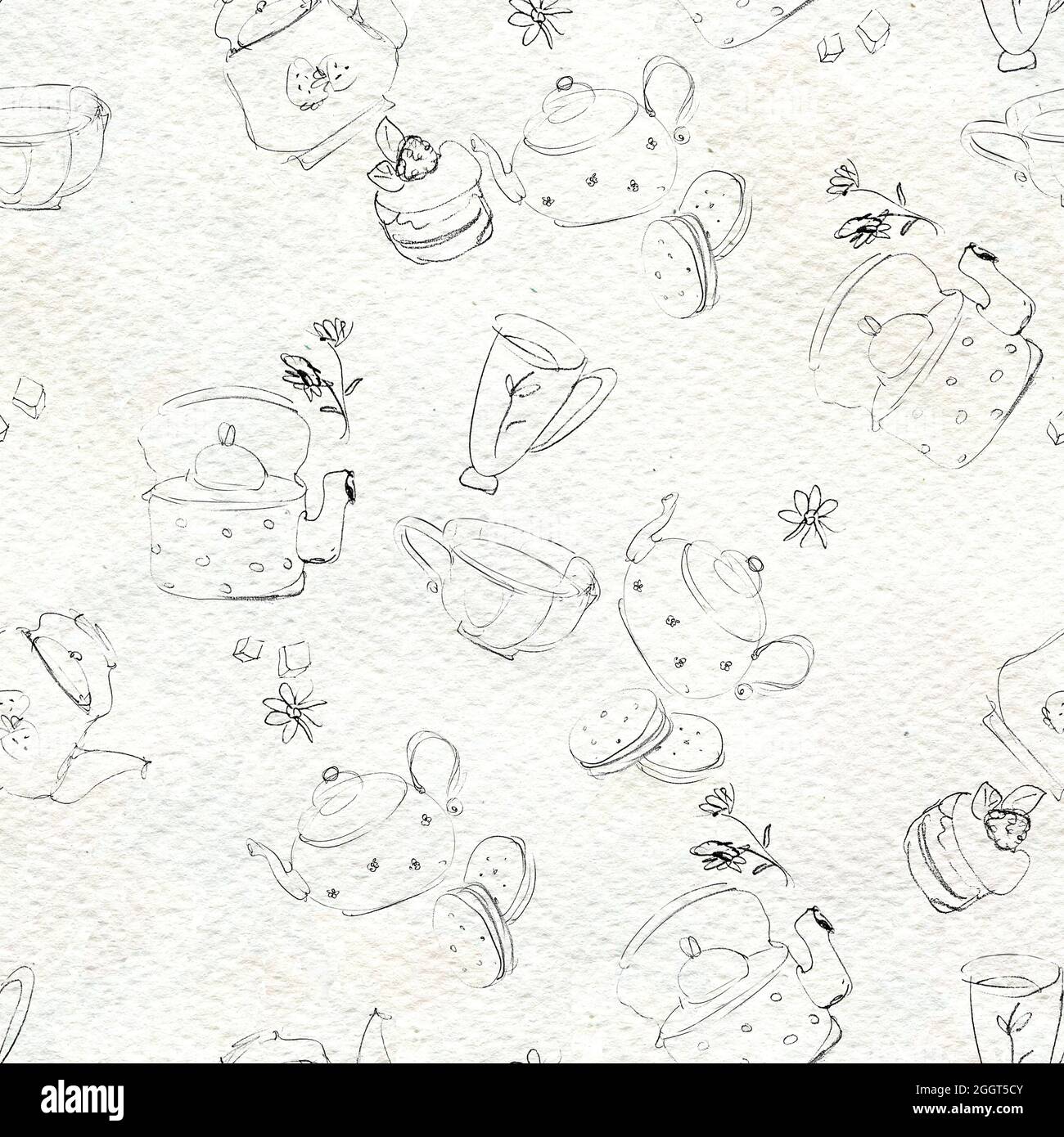 Seamless black and white pattern. Tea drinking illustration Stock Photo ...