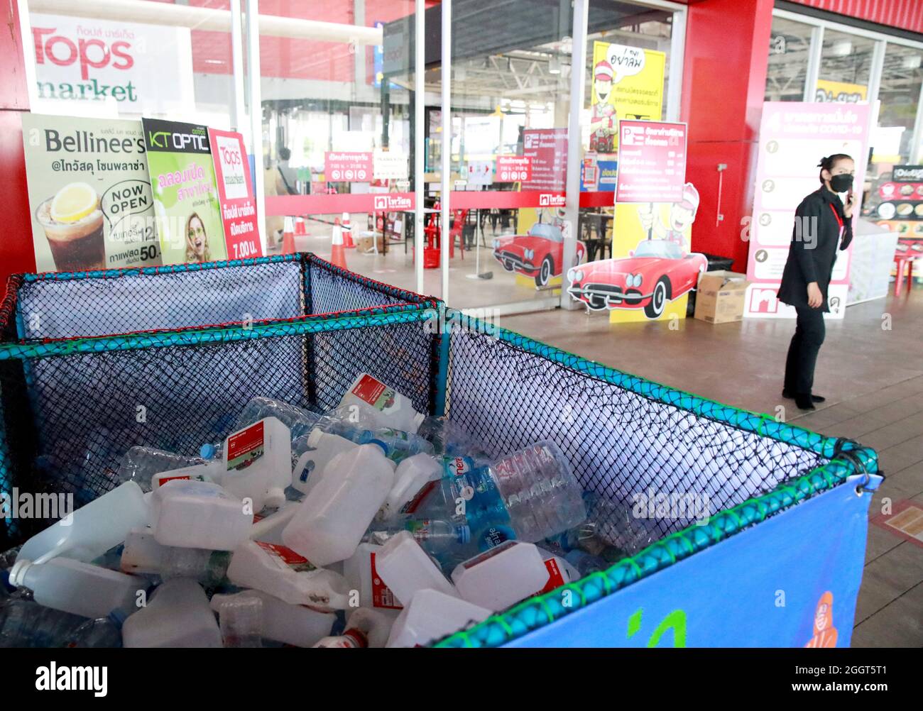 Plastic bottles are seen at the collecting point, as Bangkok city