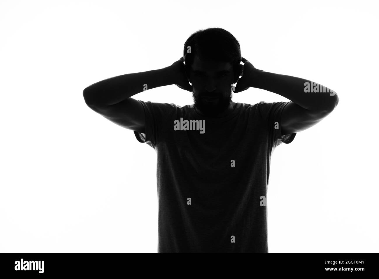 silhouette of a man gestures with his hands black and white photo Stock ...