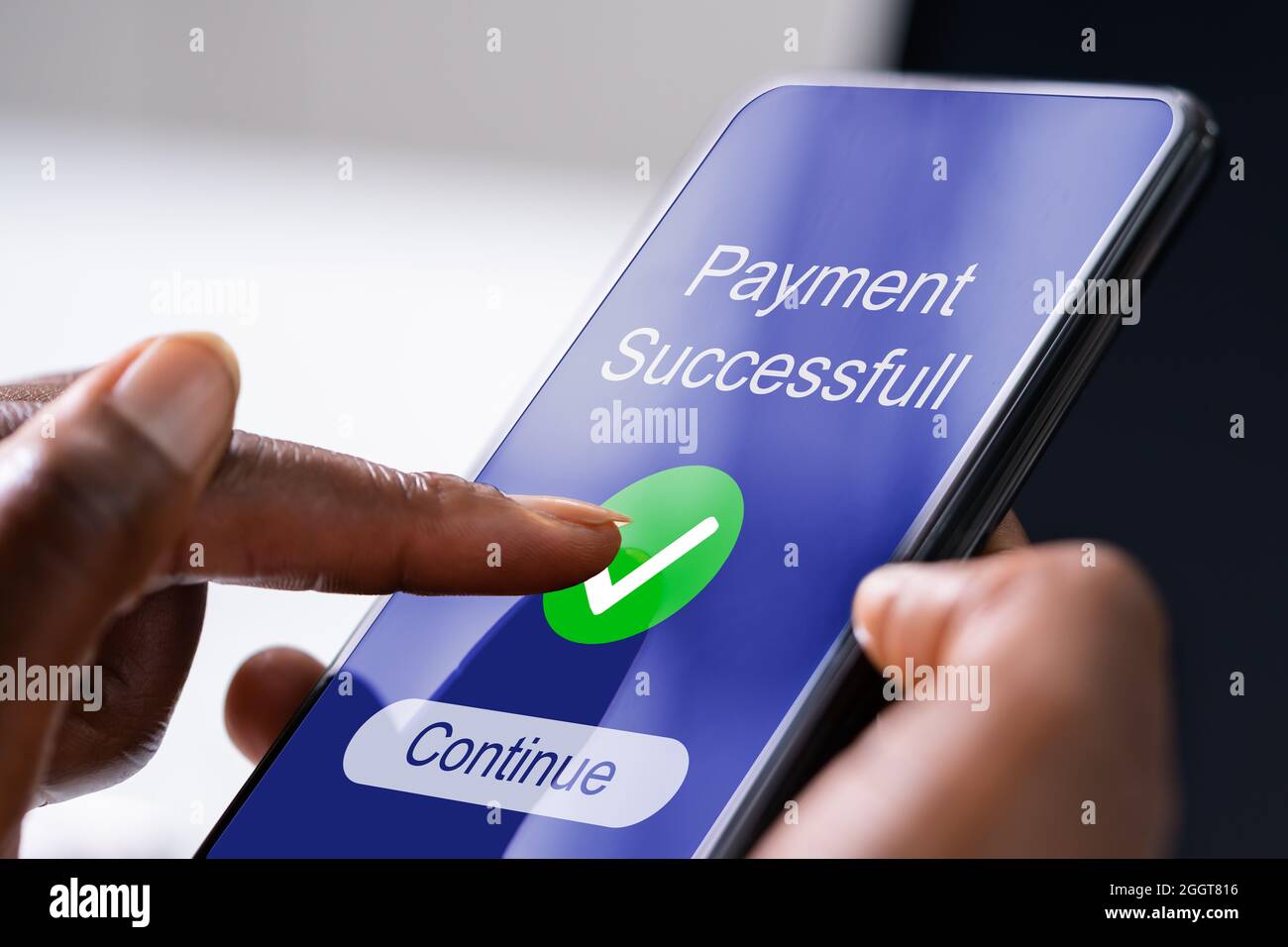 Confirmed Online Rent Payment. African American Woman Using Money Transfer Stock Photo