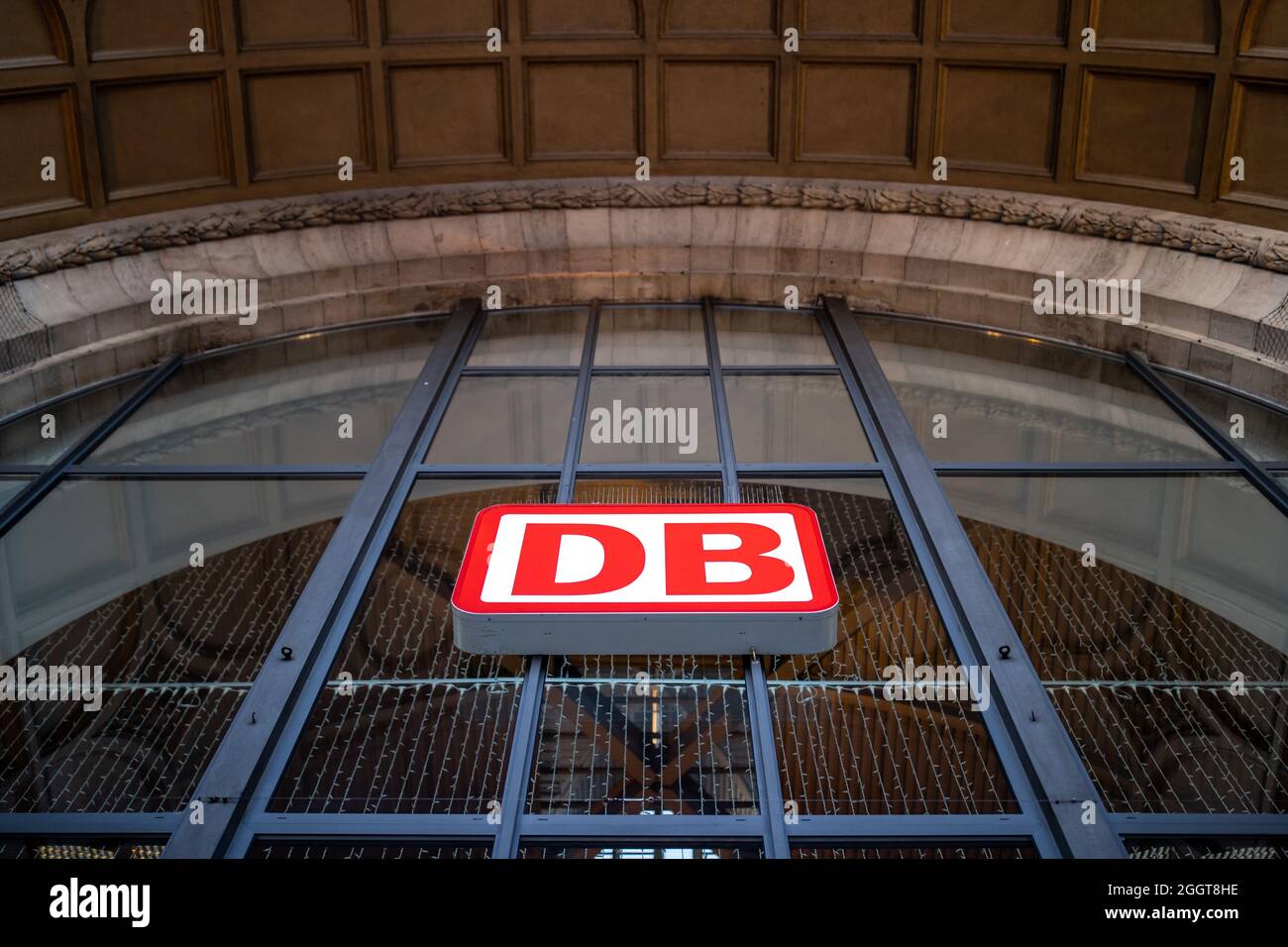 Nuremberg, Germany. 03rd Sep, 2021. The Deutsche Bahn logo hangs above ...