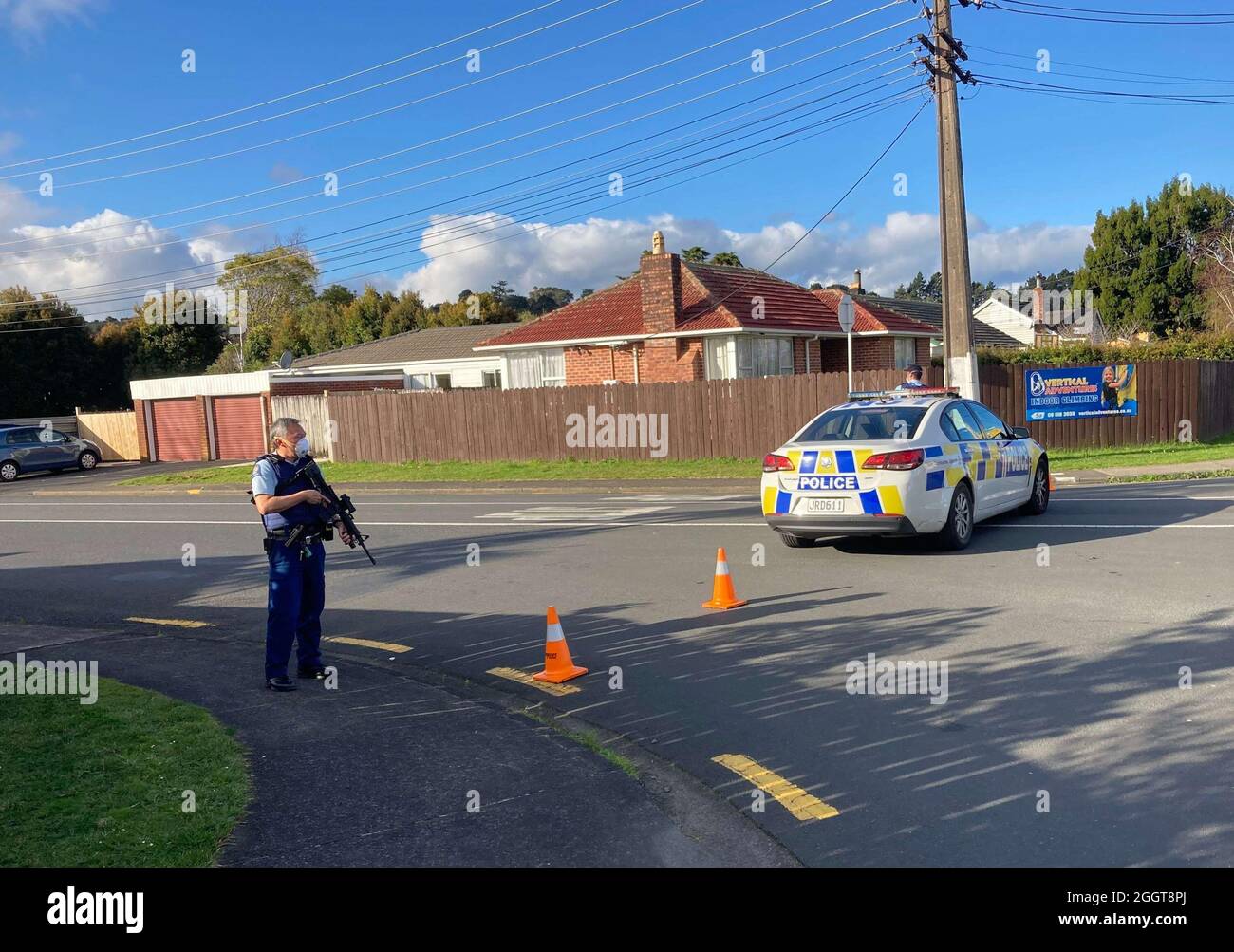 Auckland. 3rd Sep, 2021. A police officer stands guard near the New Lynn supermarket in Auckland, New Zealand, Sept. 3, 2021. New Zealand Prime Minister Jacinda Ardern confirmed that the violent attack that happened at New Lynn supermarket in Auckland at 2:40 p.m. local time Friday was a "terrorist attack" carried out by an "extremist." Credit: Xinhua/Alamy Live News Stock Photo