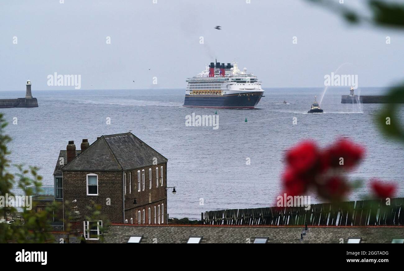 The Disney Magic cruise ship arrives at the mouth of the River Tyne from the North Sea, passing
