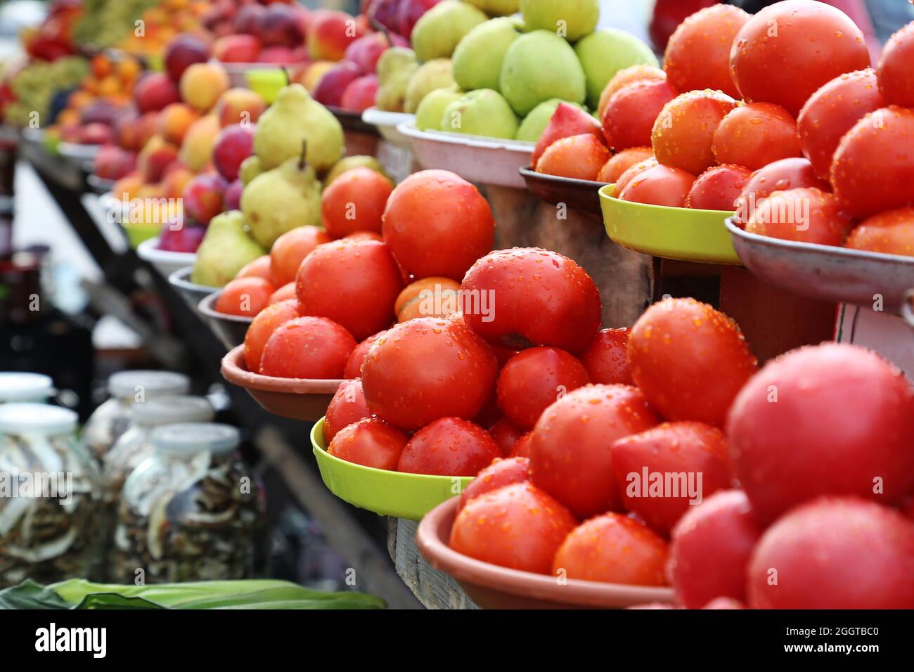 Fruits and vegetables selling on local farm market, eco, juicy products