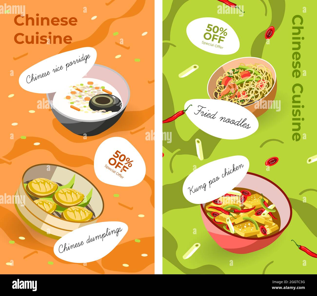 Chinese cuisine dishes with discounts, sale menu Stock Vector