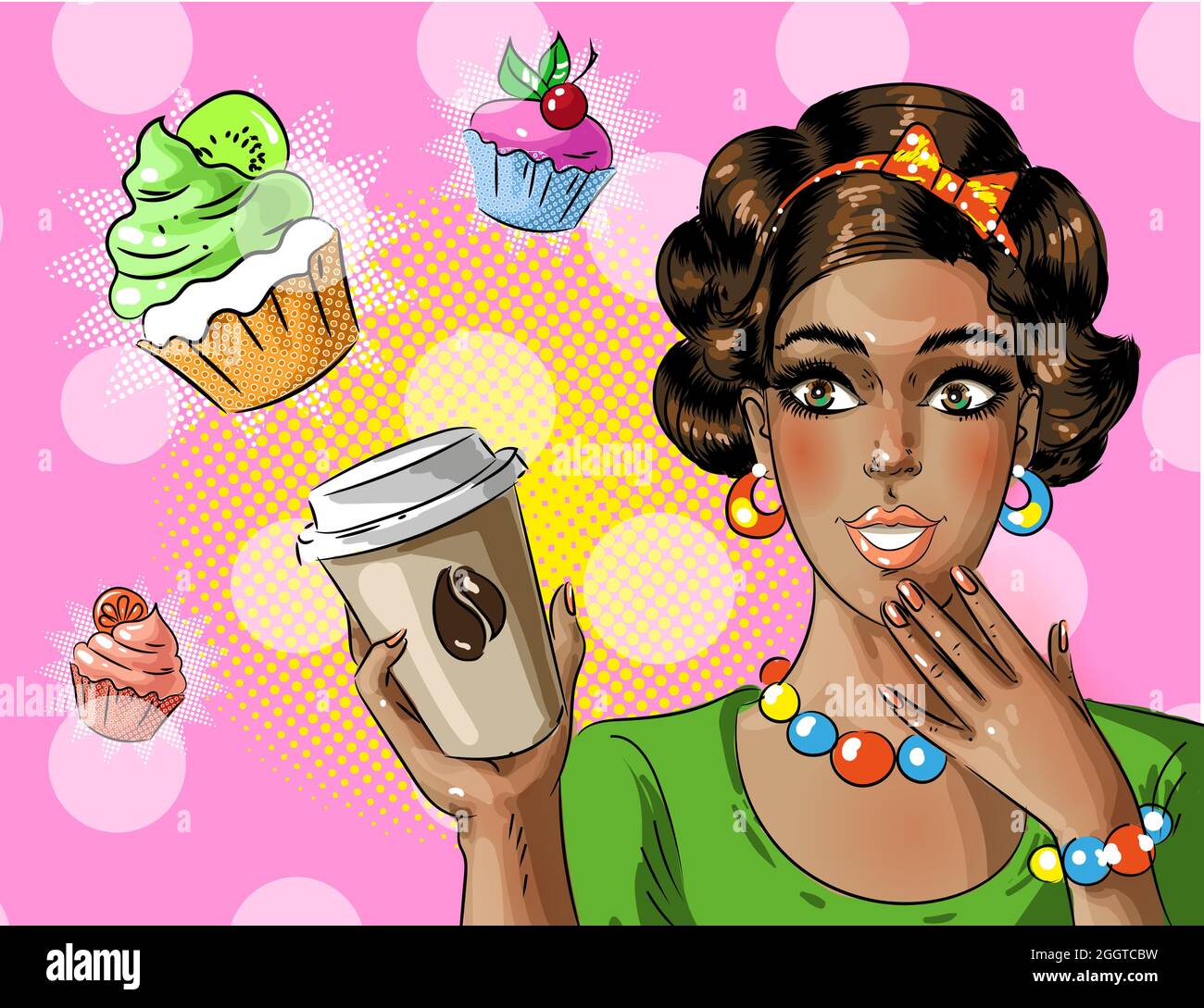 Vector pop art african american woman holding coffee to go Stock Vector