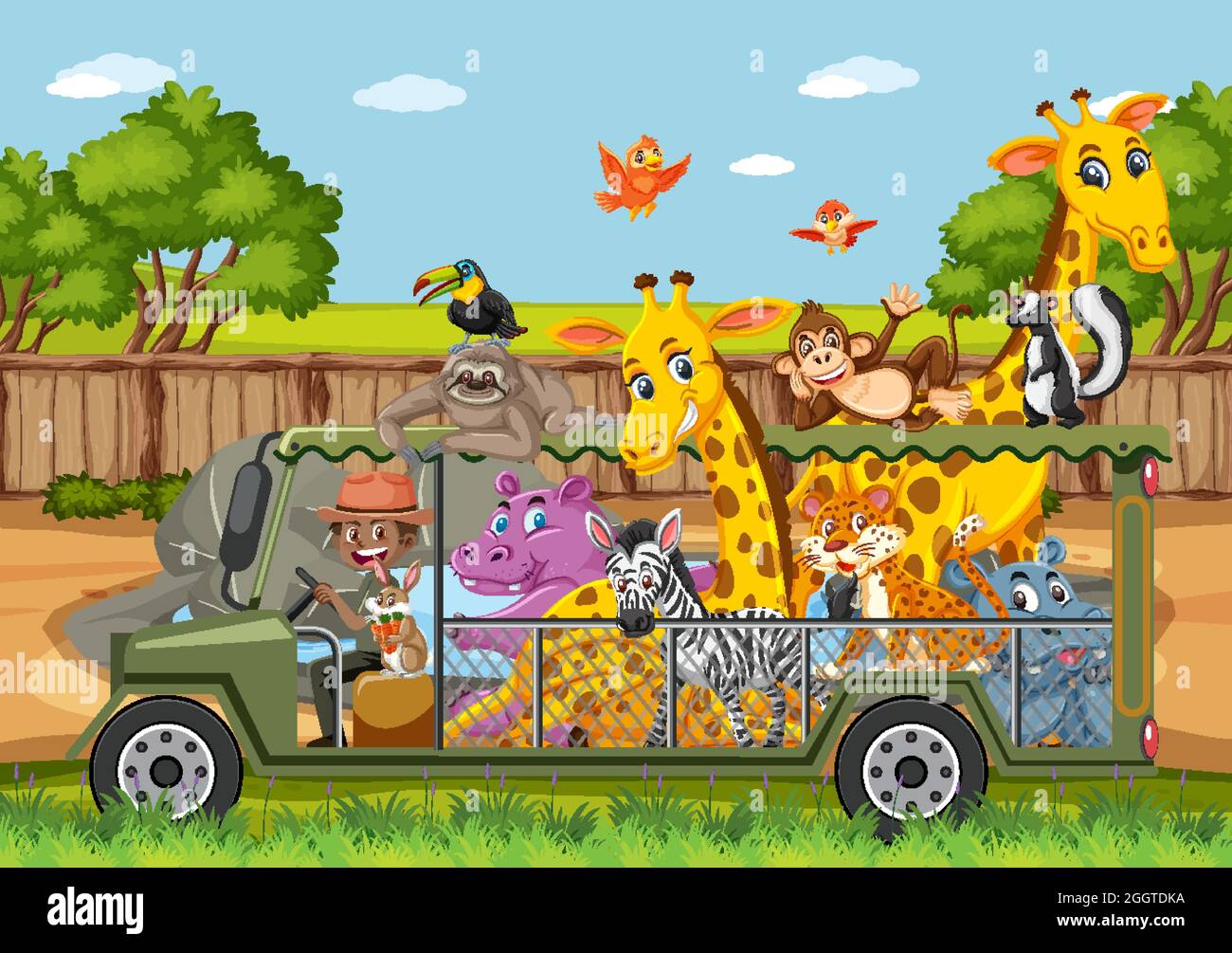 Zoo scene with happy animals in the cage car illustration Stock Vector