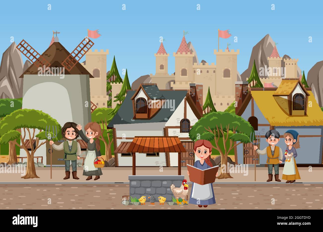 Medieval town scene with villagers illustration Stock Vector Image ...