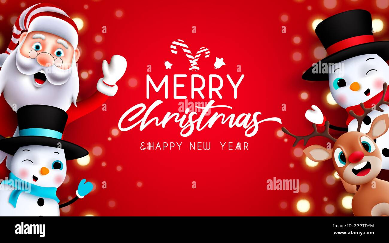 Christmas greeting characters vector design. Merry christmas text with santa claus, reindeer and snowman waving in red background for xmas holiday. Stock Vector