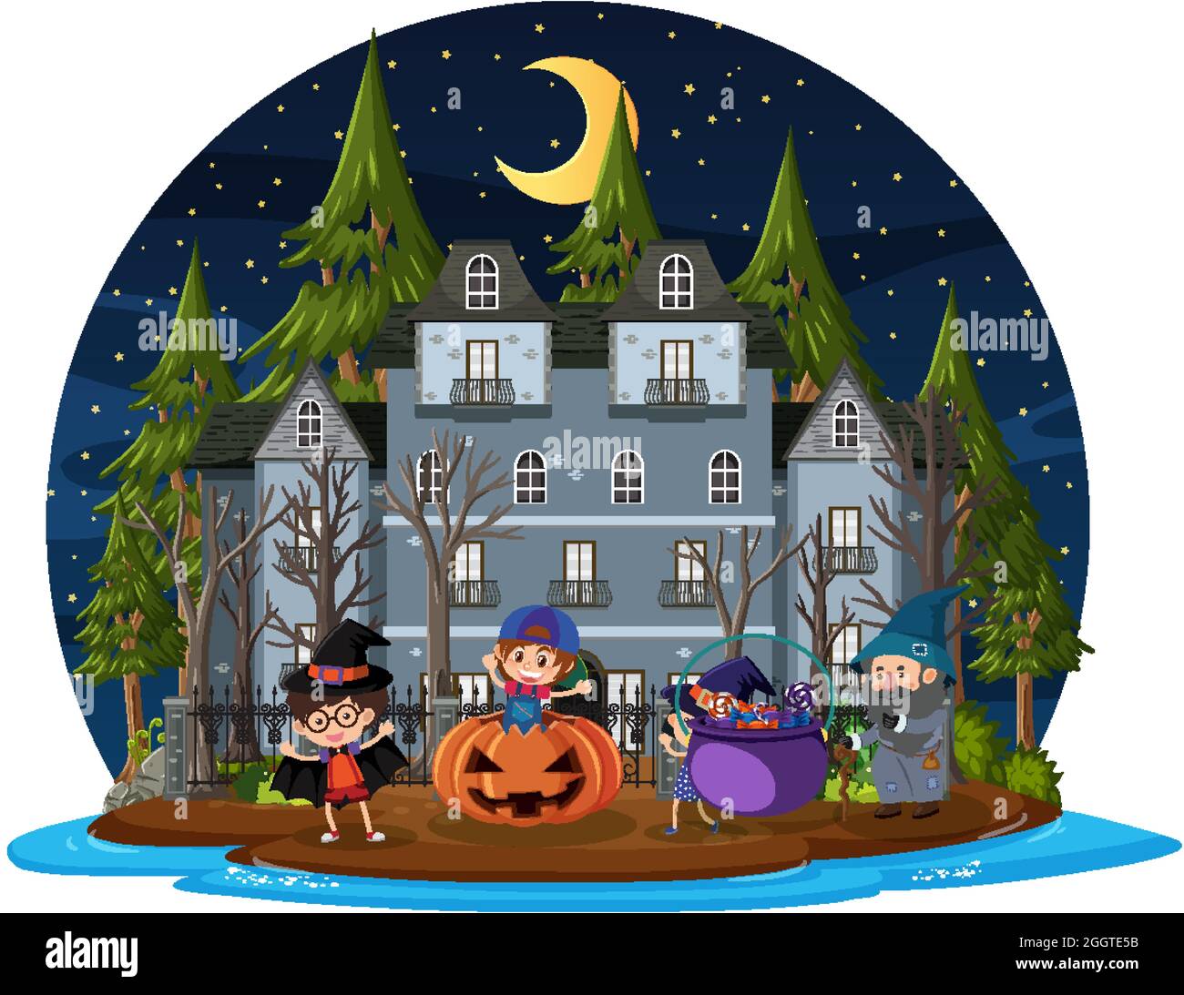 Haunted house at night scene illustration Stock Vector Image & Art - Alamy