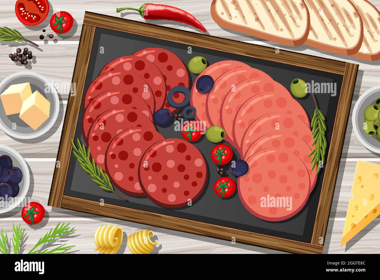 Platter of pepperoni and salami on the wooden table background illustration Stock Vector