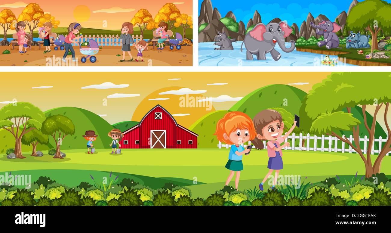 Outdoor panoramic landscape scenes set with cartoon character ...