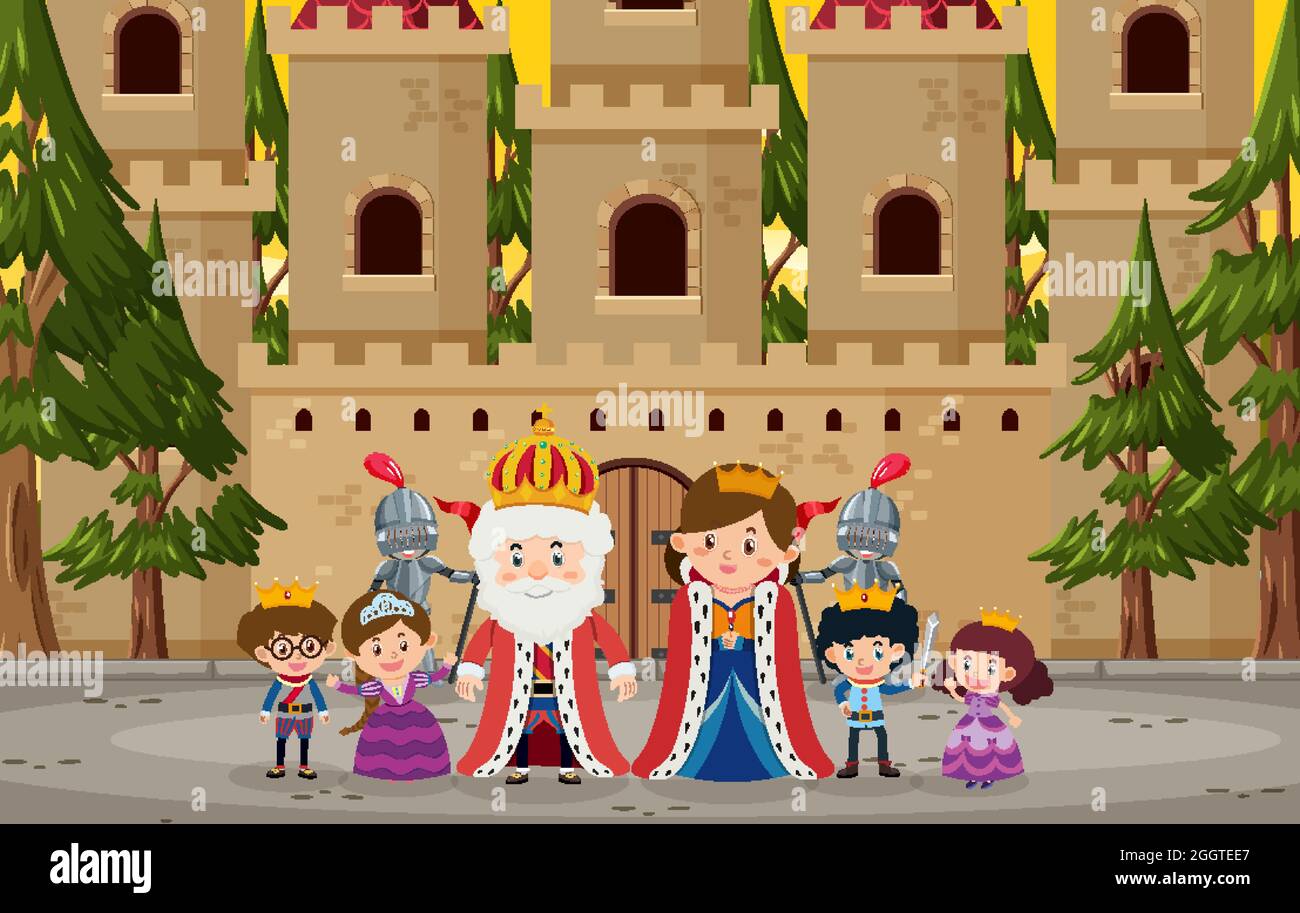 Happy royal family in front of castle illustration Stock Vector