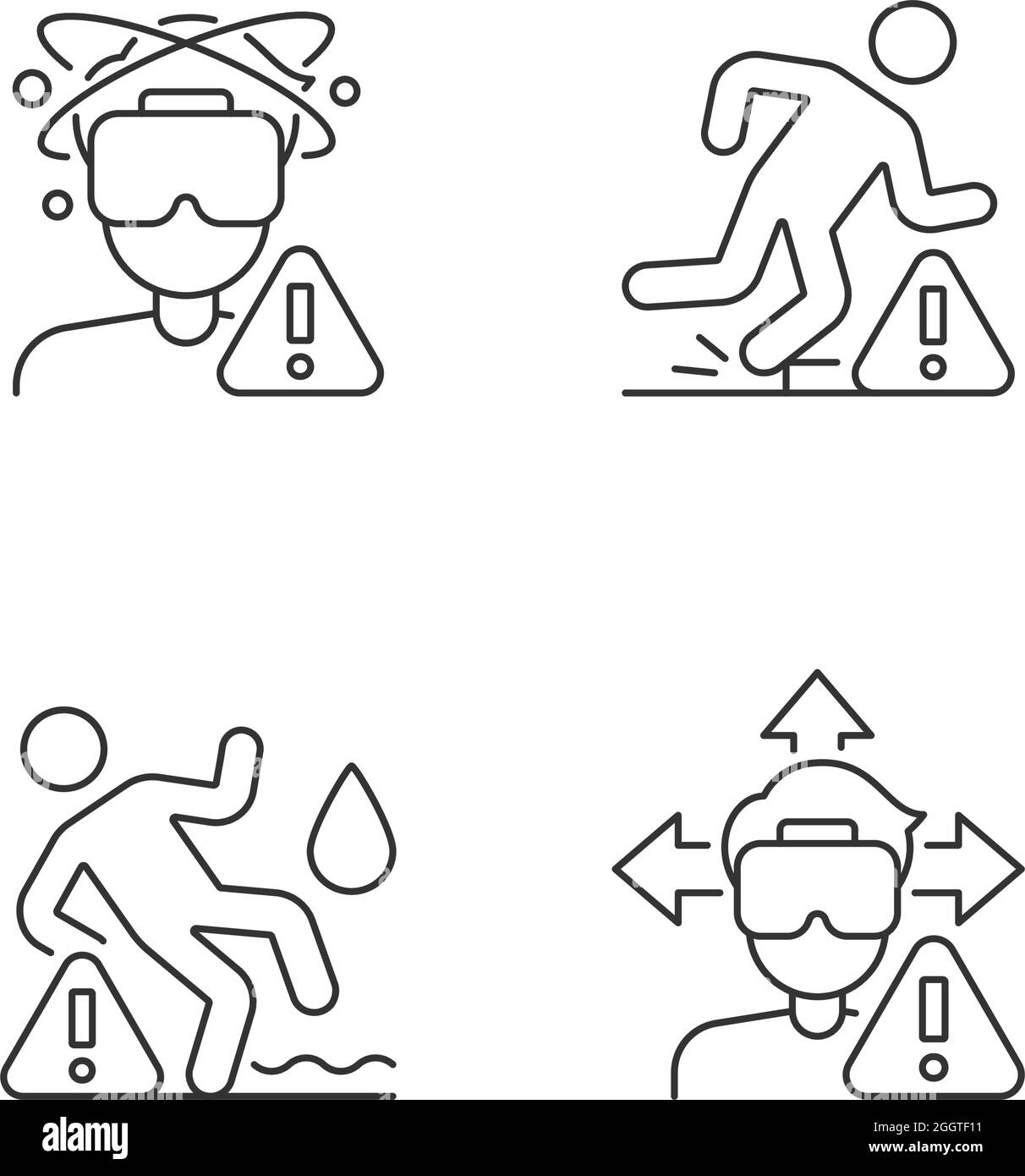 Virtual reality headset warning linear manual label icons set Stock