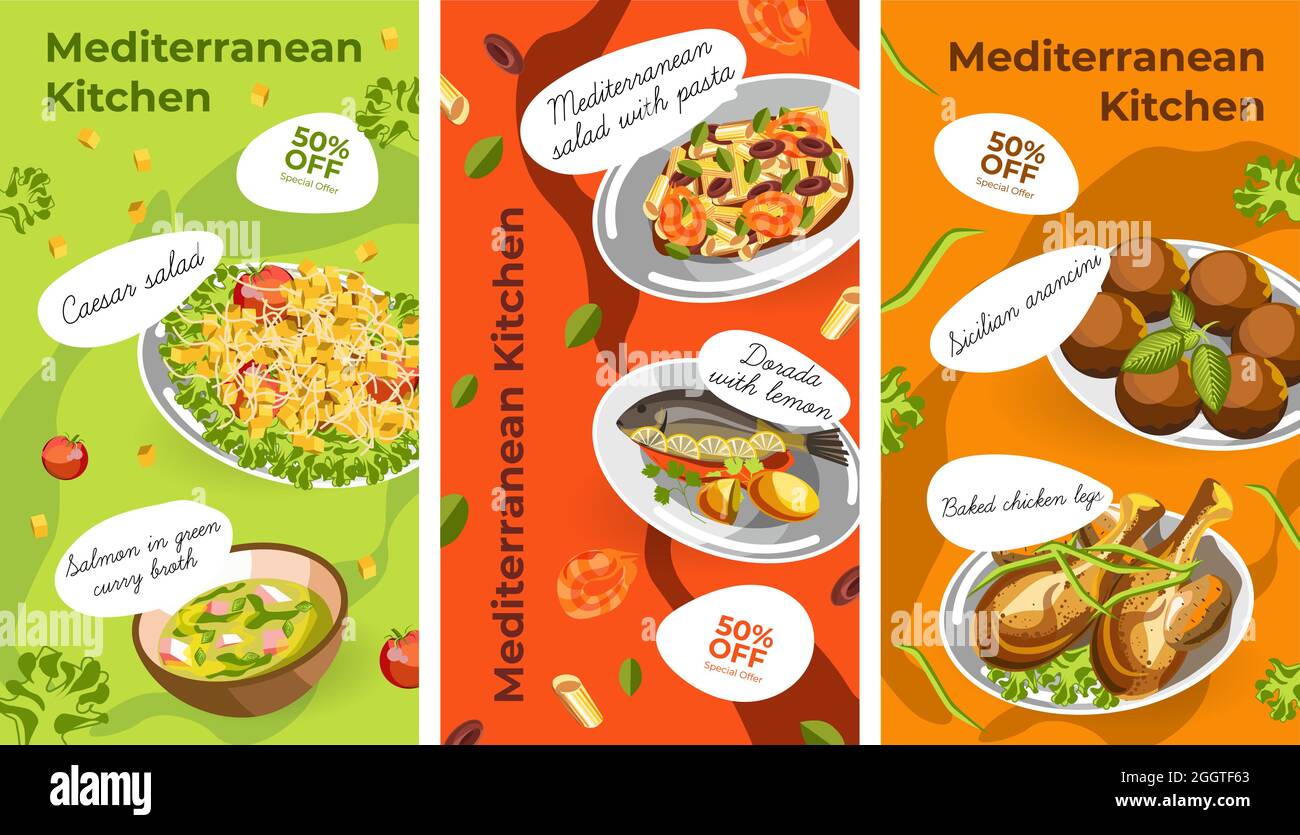 Dishes of Mediterranean cuisine menu with discount Stock Vector Image