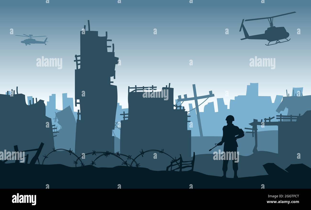 Silhouette design of soldier standing and hold gun in the city after of the war,vector illustration Stock Vector