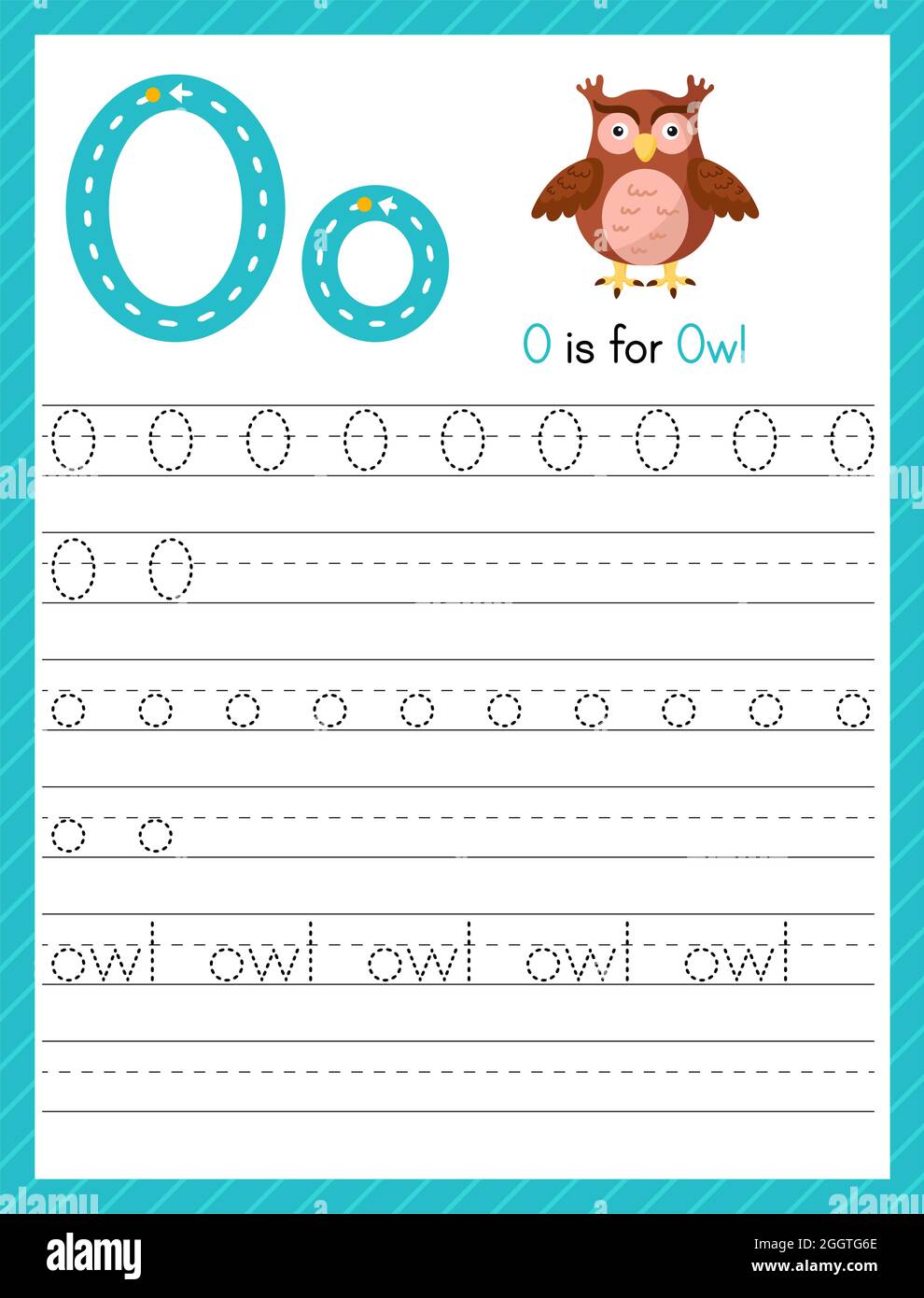 trace letter o uppercase and lowercase alphabet tracing practice preschool worksheet for kids learning english with cute cartoon animal activity pag stock vector image art alamy