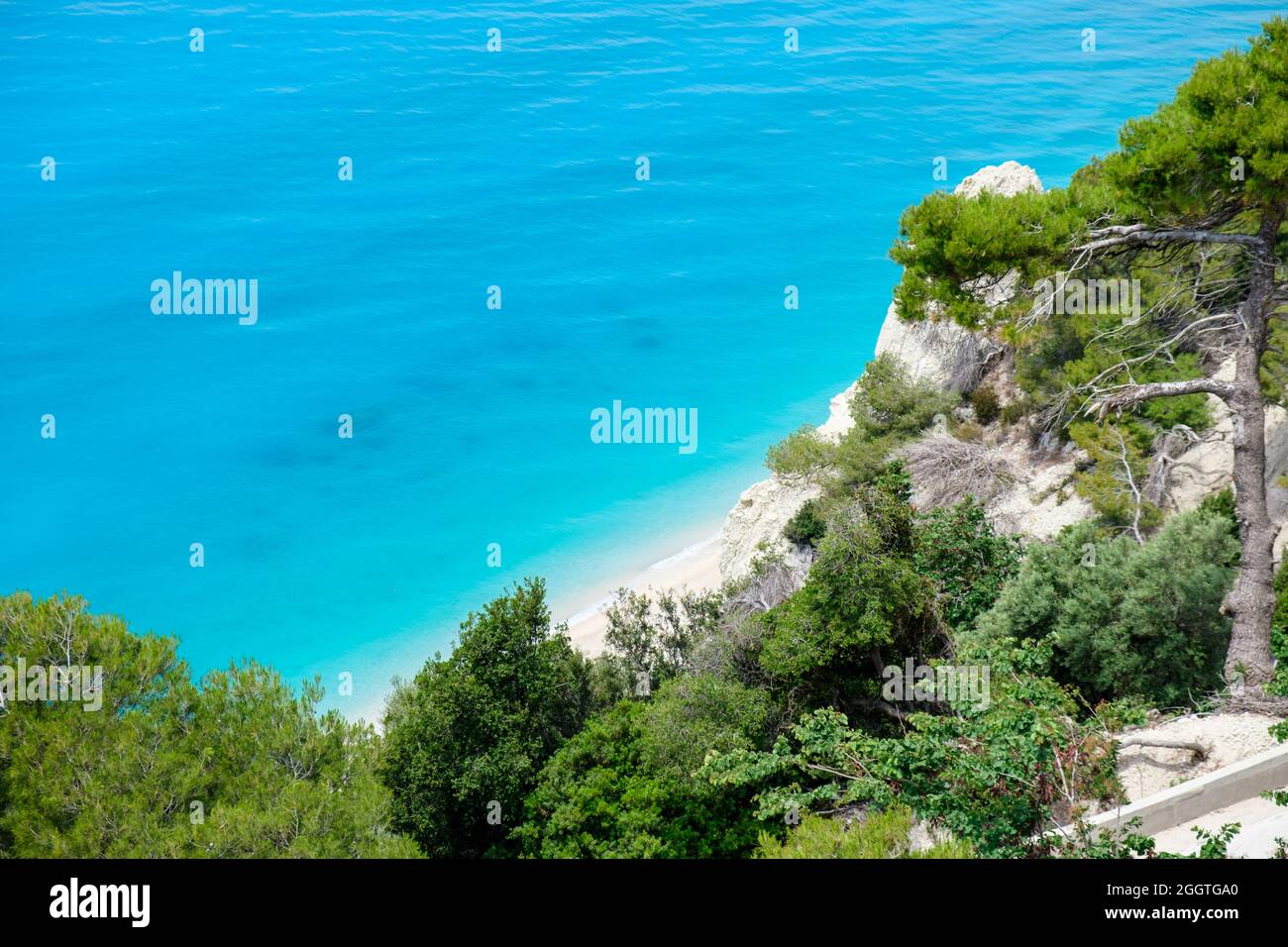 View from above at beach of Lefkada with turquoise sea water. Stock Photo