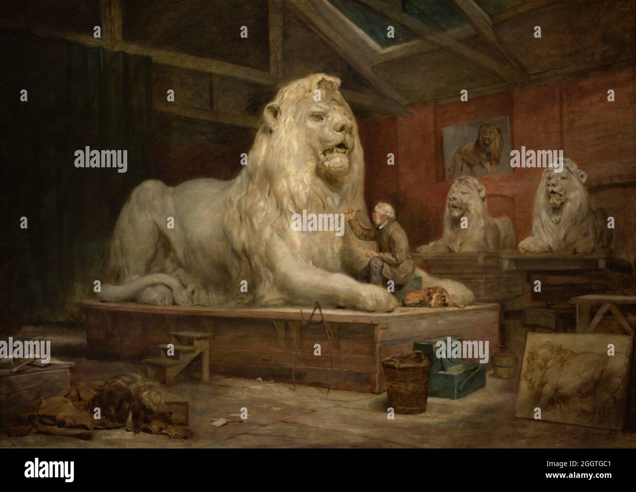 Edwin Landseer (1802-1873). British painter and sculptor. Landseer modelling one of the lions of the Column of Nelson in Trafalgar Square, in the Kensington workshop of the sculptor Carlo Marochetti. Painting by John Ballantyne (1815-1897). Oil on canvas (80 x 113 cm), ca. 1865. National Portrait Gallery. London, England, United Kingdom. Stock Photo